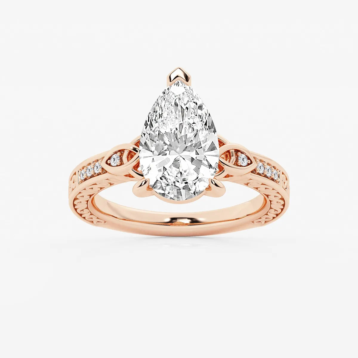 Pear Cut Lab Grown Diamond Engagement Ring, Vintage Engraved Band Pear Shape Diamond Ring