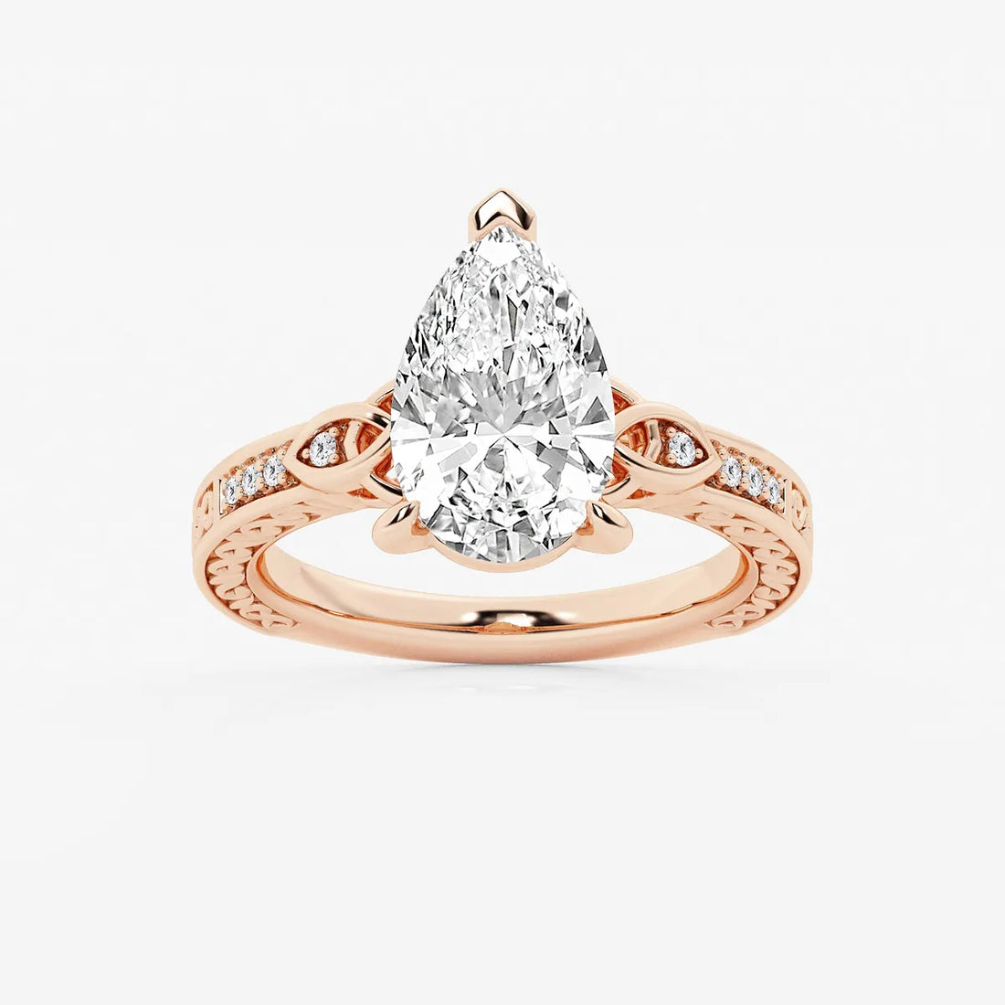 Pear Cut Lab Grown Diamond Engagement Ring, Vintage Engraved Band Pear Shape Diamond Ring