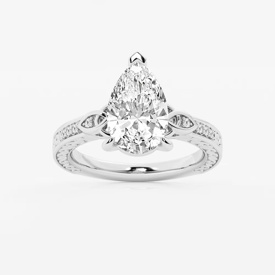 Pear Cut Lab Grown Diamond Engagement Ring, Vintage Engraved Band Pear Shape Diamond Ring