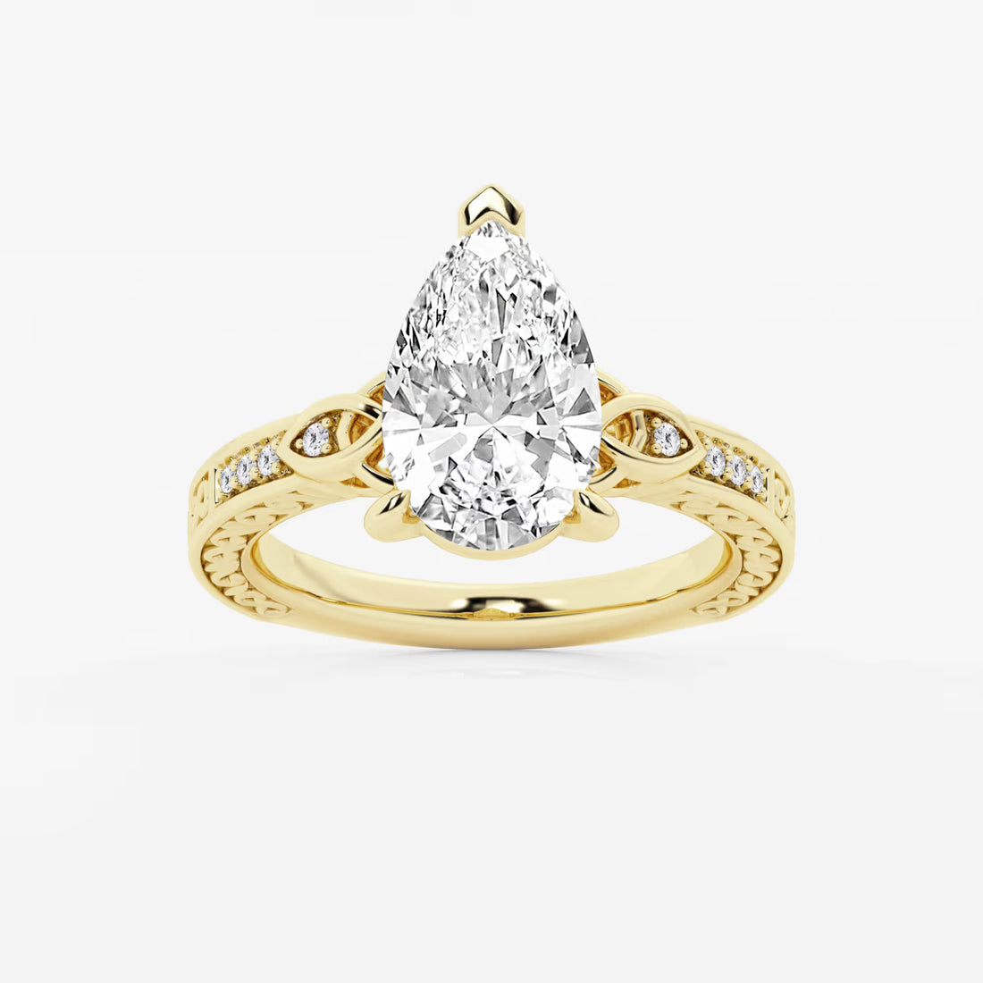 Pear Cut Lab Grown Diamond Engagement Ring, Vintage Engraved Band Pear Shape Diamond Ring