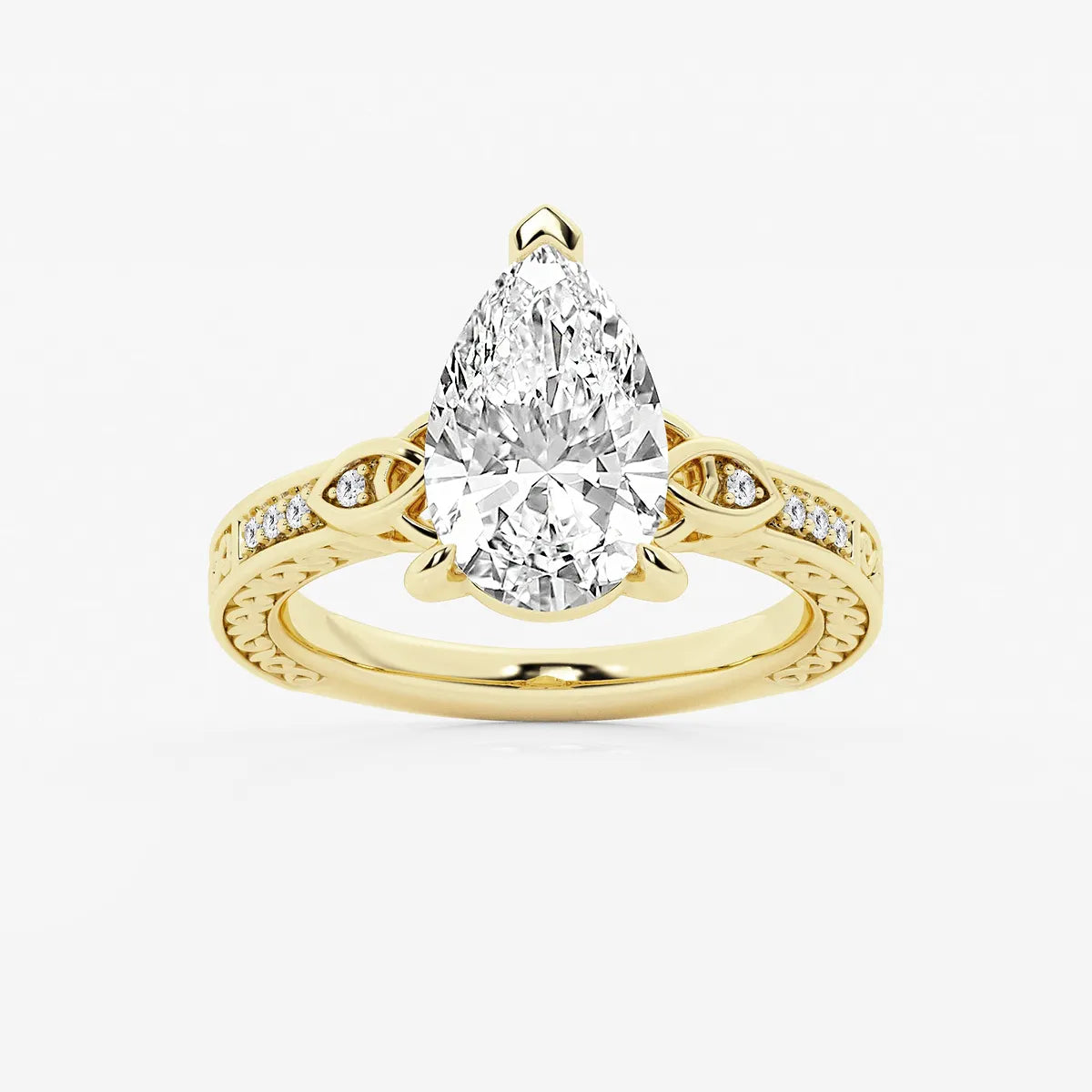 Pear Cut Lab Grown Diamond Engagement Ring, Vintage Engraved Band Pear Shape Diamond Ring