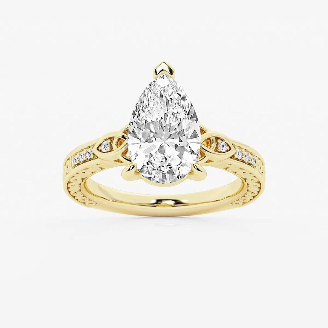 Pear Cut Lab Grown Diamond Engagement Ring, Vintage Engraved Band Pear Shape Diamond Ring