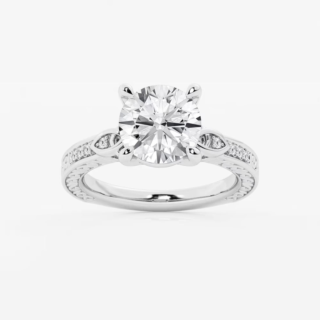 Vintage-Inspired Engagement Ring in White Gold with Round Brilliant Center Stone and Marquise Motifs