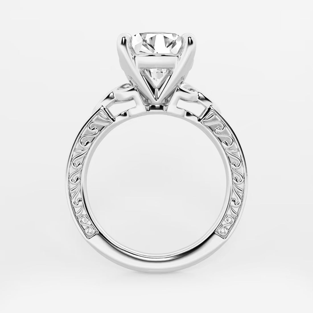 Vintage-Inspired Engagement Ring in White Gold with Round Brilliant Center Stone and Marquise Motifs