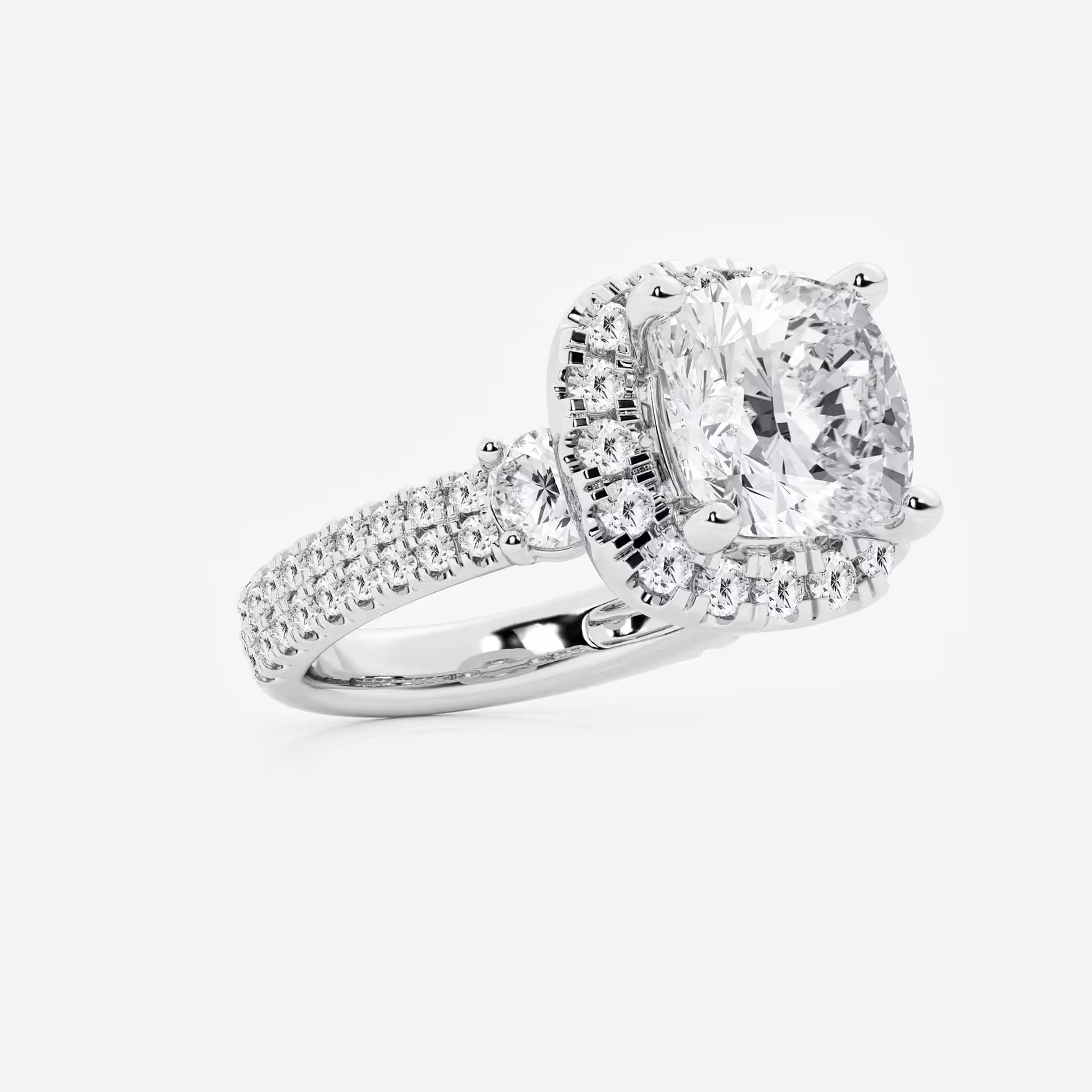 Three Stone Pavé Engagement Ring in White Gold with Princess Cut Center Stone