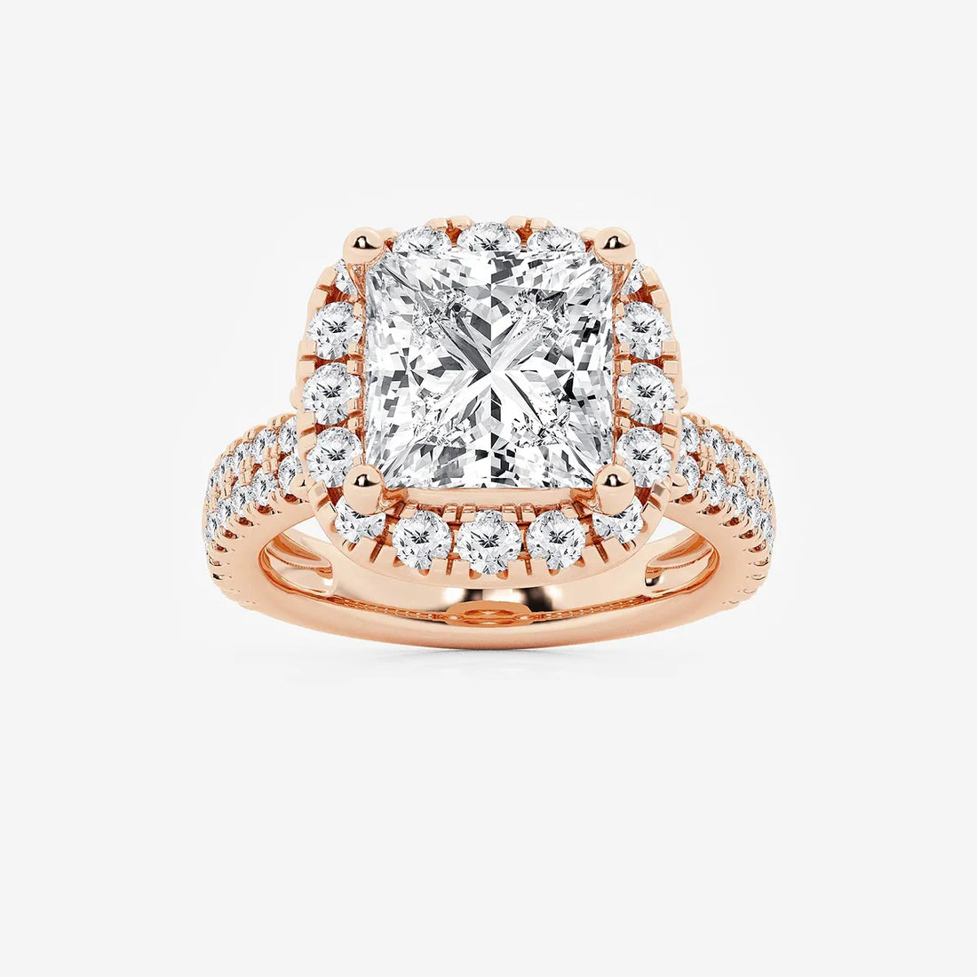 Princess Cut Lab Diamond Halo Engagement Ring  Cushion Halo & Large Pavé Band