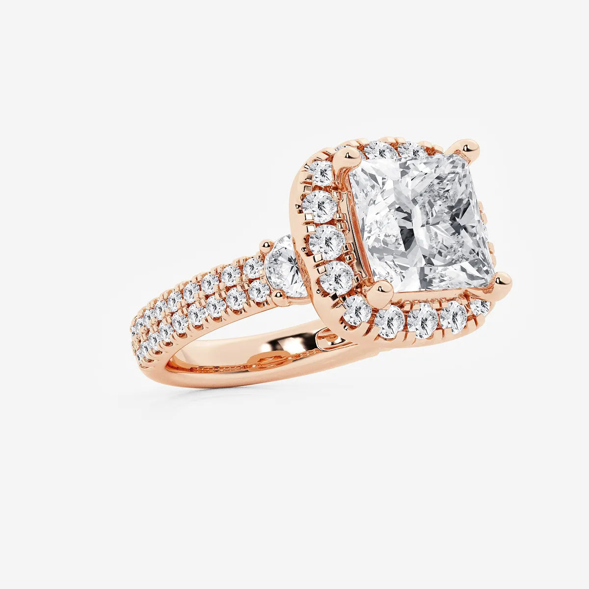 Princess Cut Lab Diamond Halo Engagement Ring  Cushion Halo & Large Pavé Band