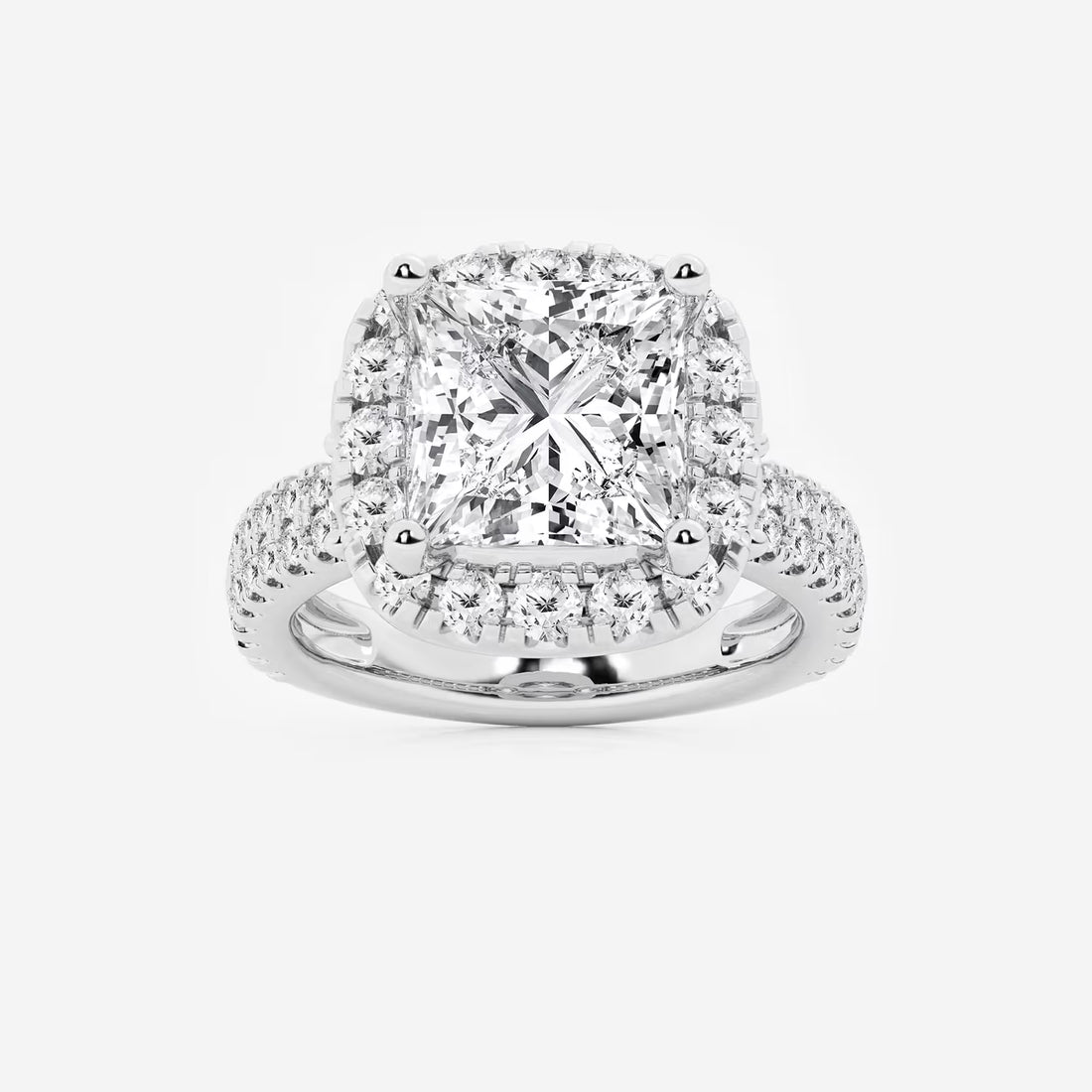 Princess Cut Lab Diamond Halo Engagement Ring  Cushion Halo & Large Pavé Band