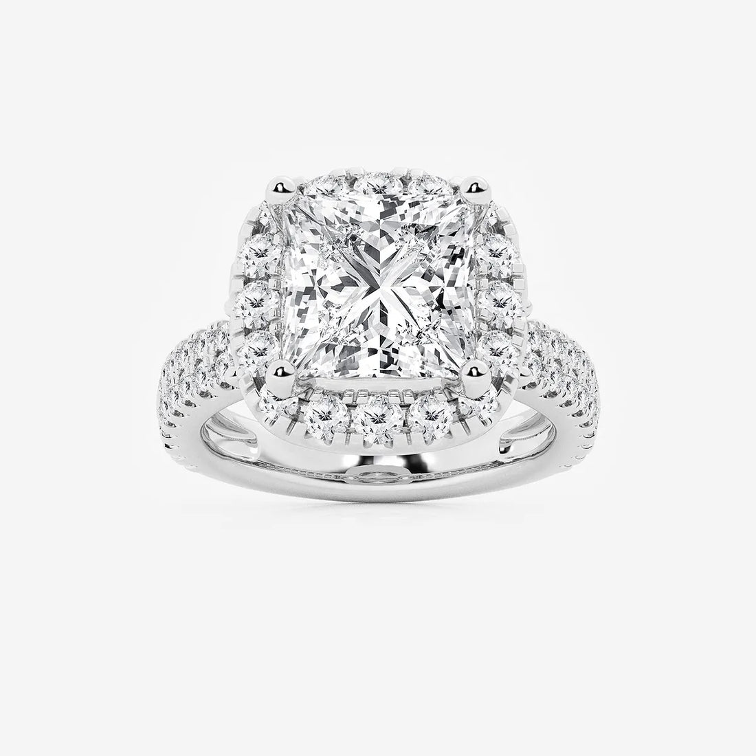 Princess Cut Lab Diamond Halo Engagement Ring  Cushion Halo & Large Pavé Band