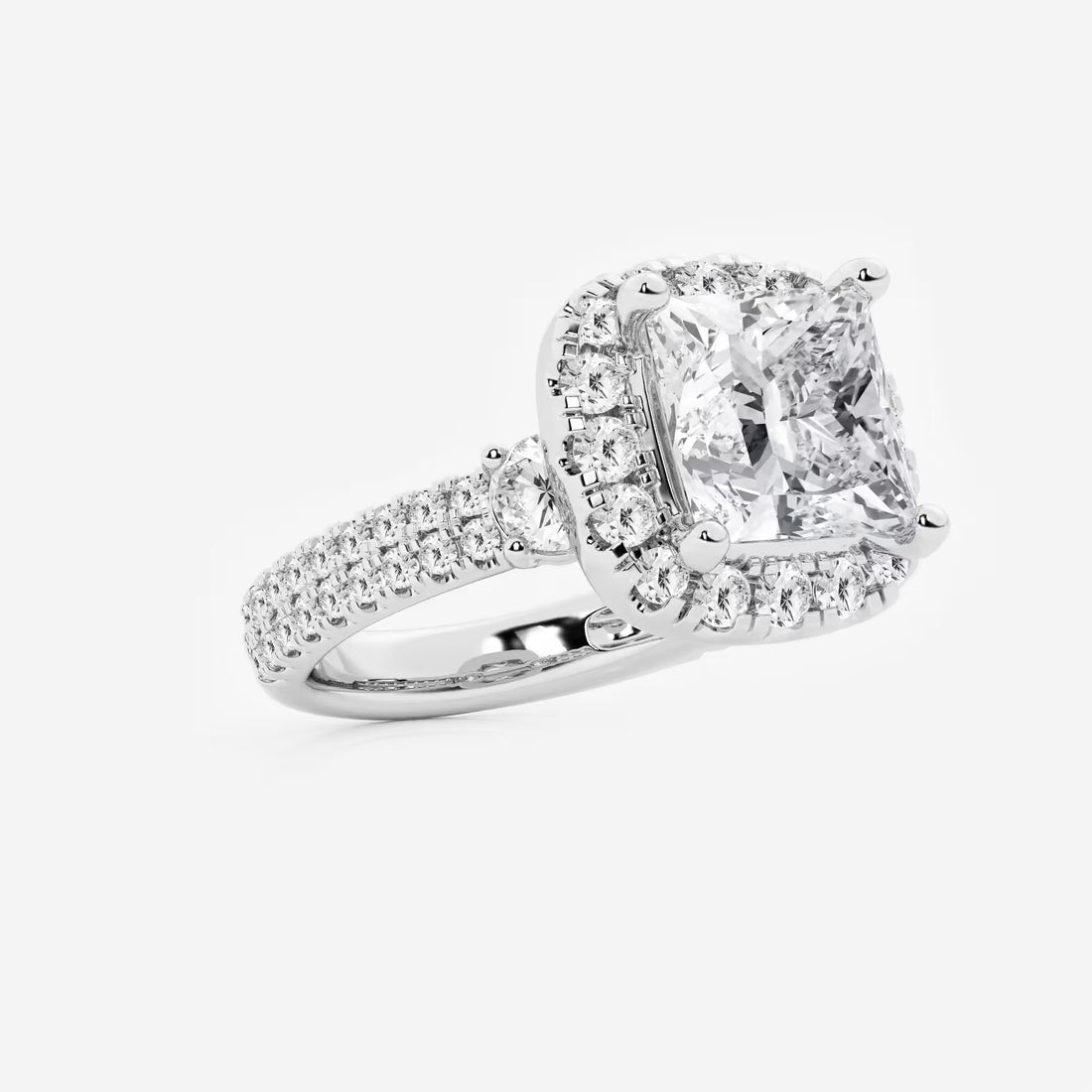 Princess Cut Lab Diamond Halo Engagement Ring  Cushion Halo & Large Pavé Band