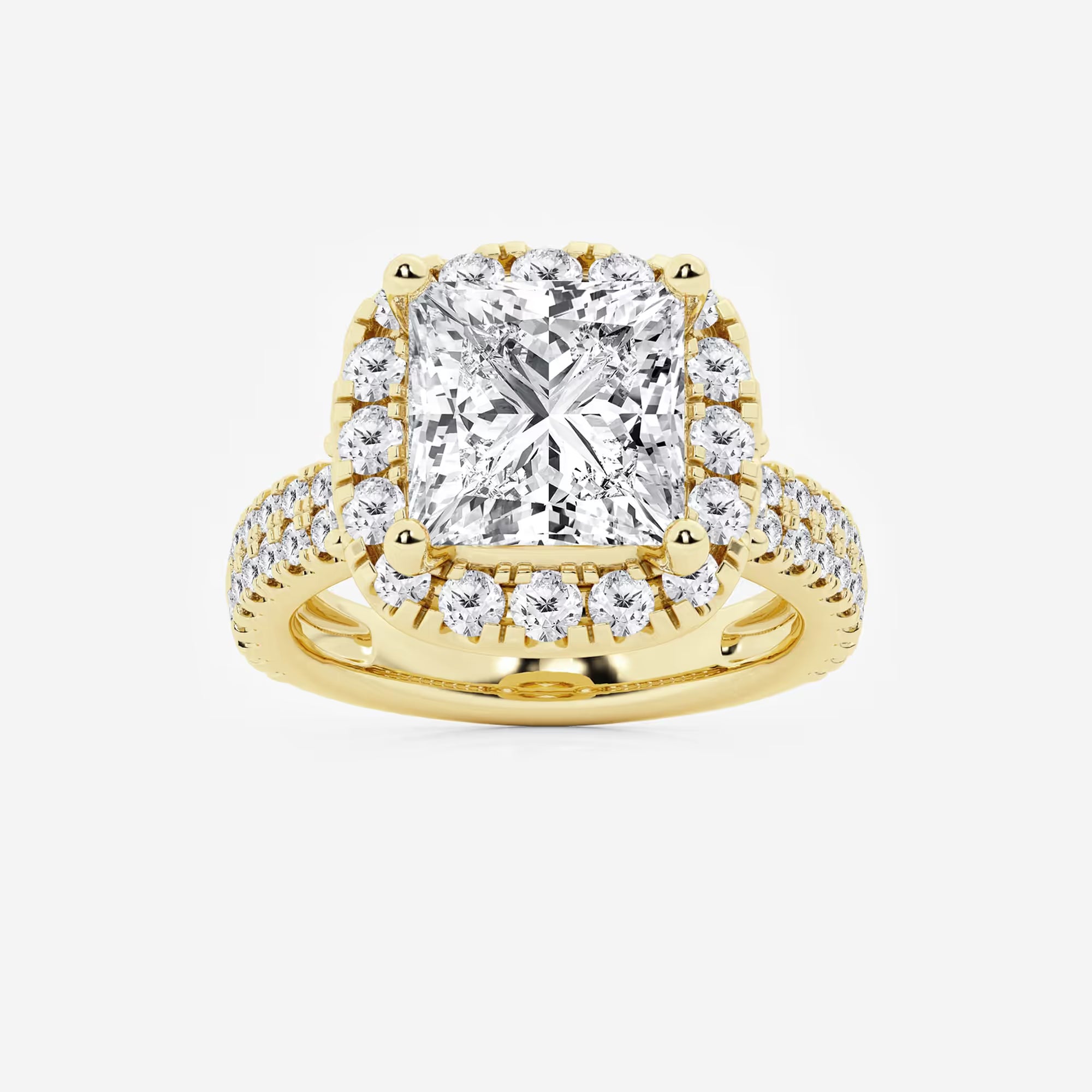 Princess Cut Lab Diamond Halo Engagement Ring  Cushion Halo & Large Pavé Band