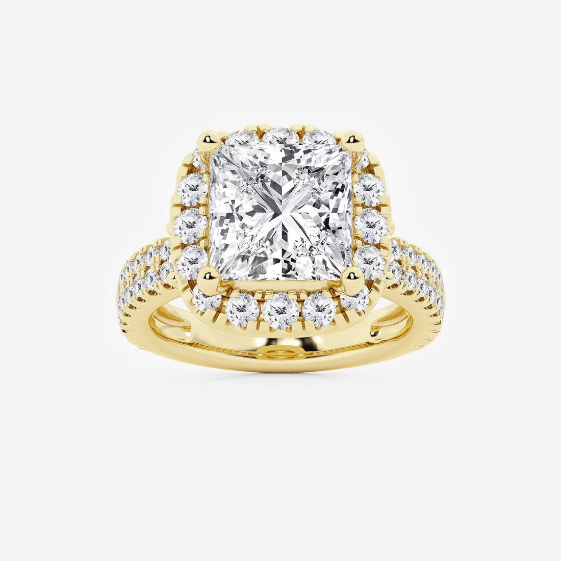 Princess Cut Lab Diamond Halo Engagement Ring  Cushion Halo & Large Pavé Band