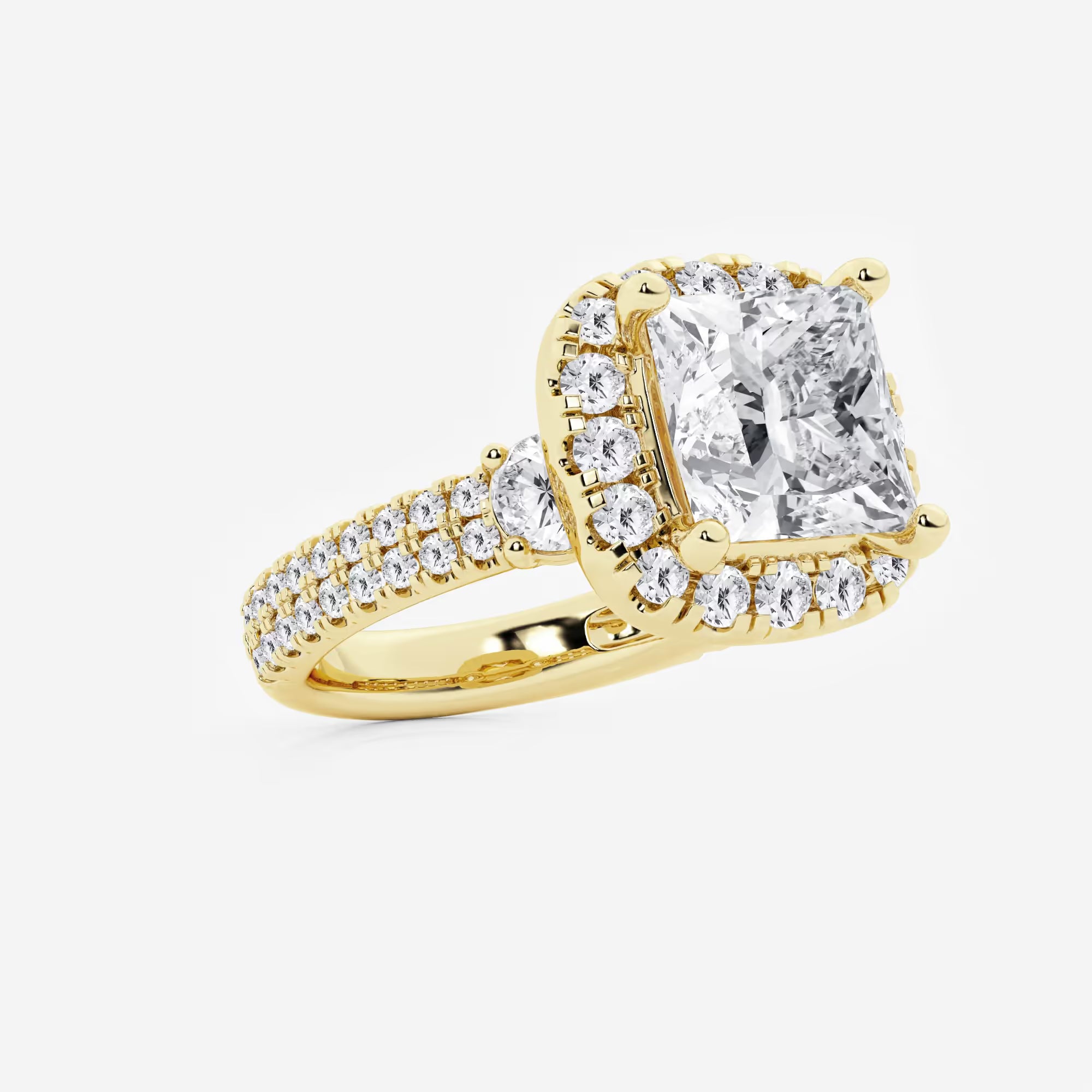 Princess Cut Lab Diamond Halo Engagement Ring  Cushion Halo & Large Pavé Band