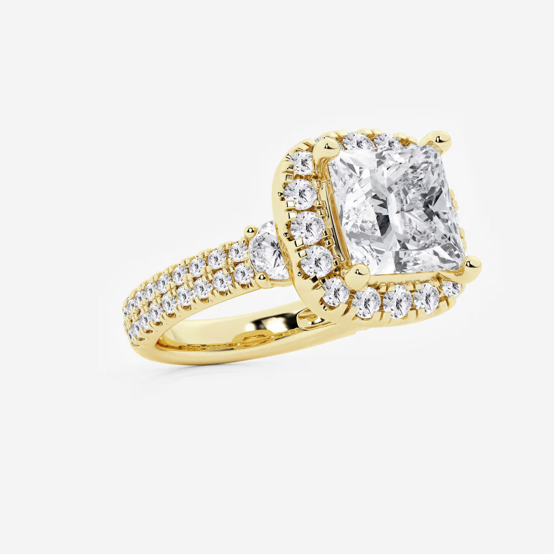 Princess Cut Lab Diamond Halo Engagement Ring  Cushion Halo & Large Pavé Band