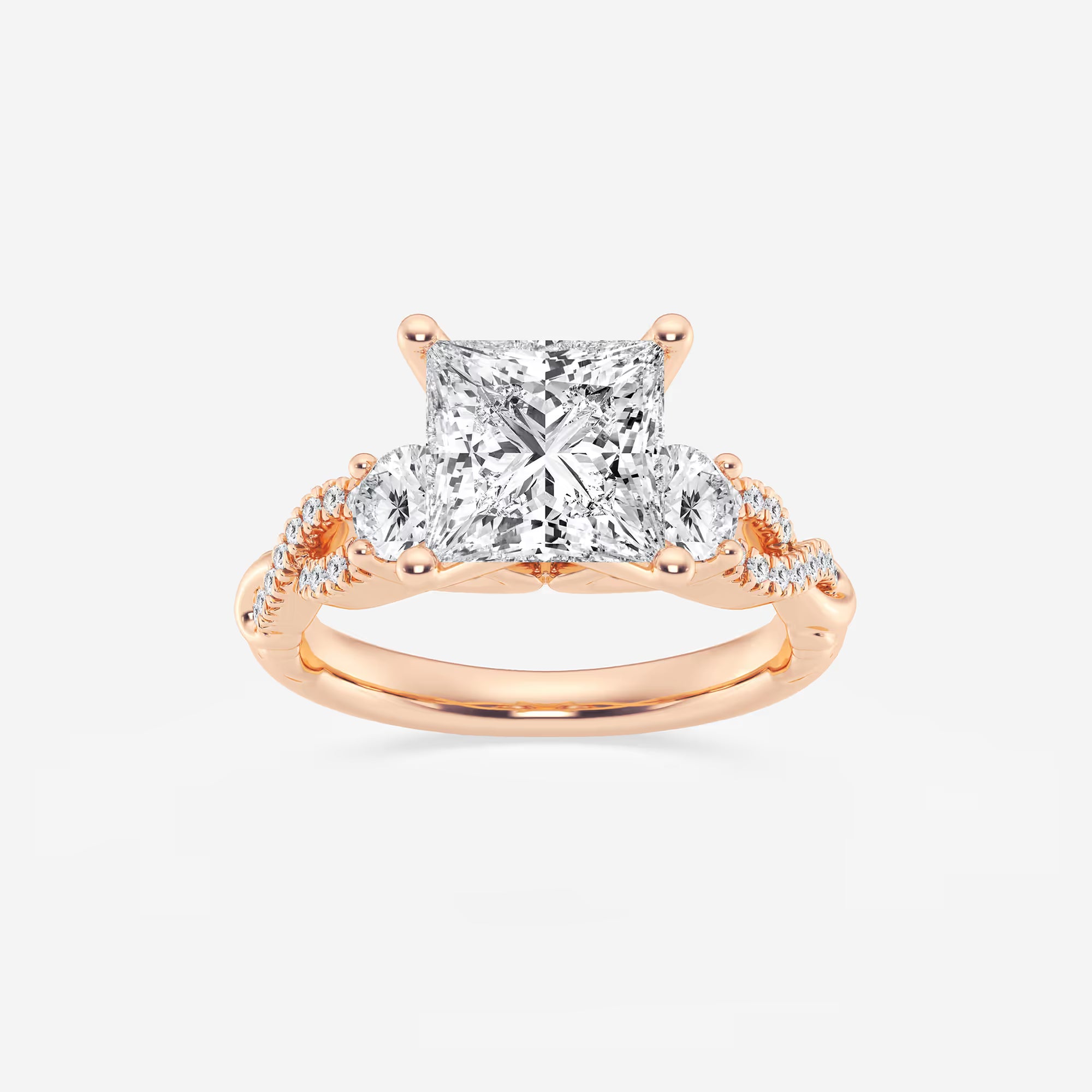 Princess Cut Lab Diamond Three Stone Ring | Round Brilliant Side Stones & Twisted Pavé Band