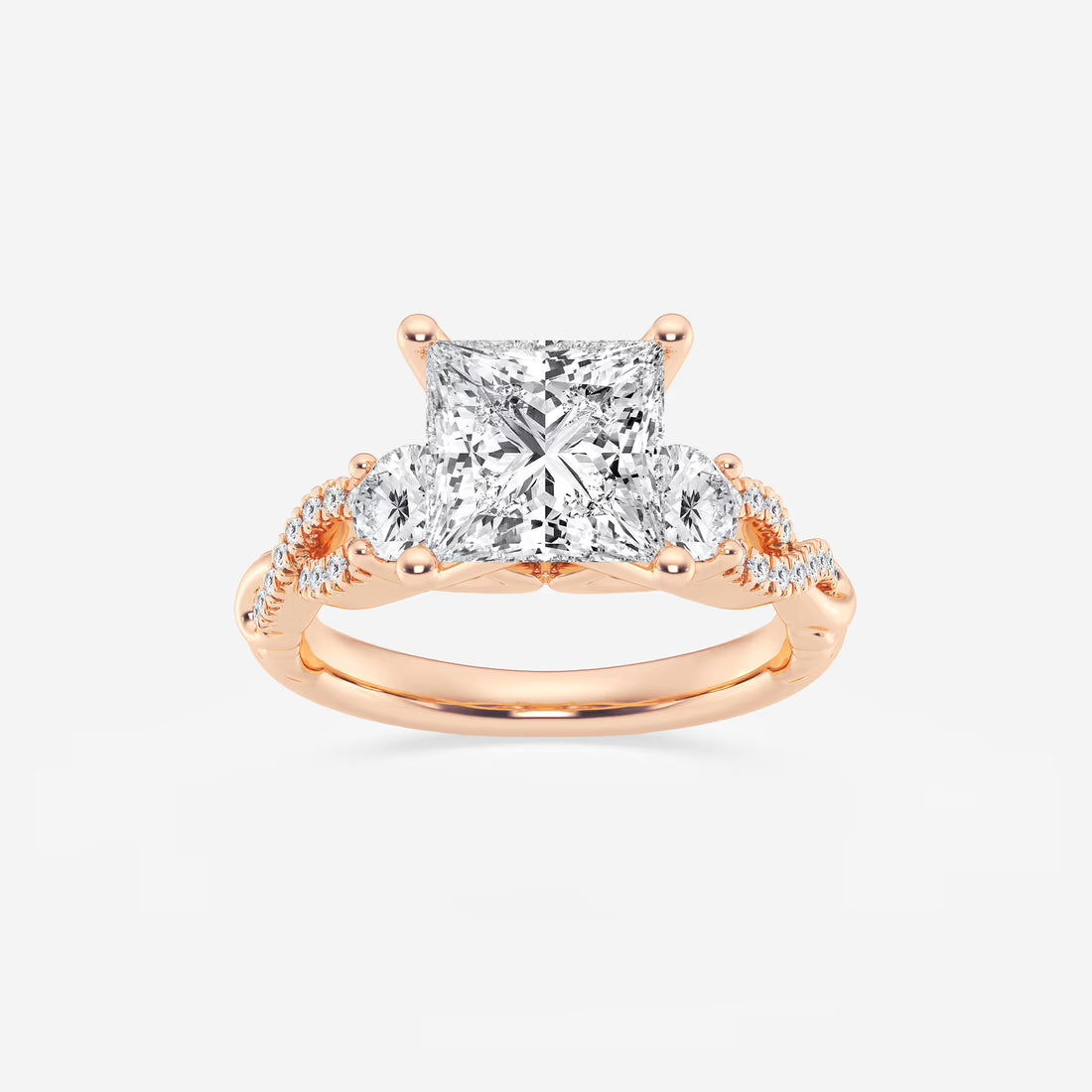Princess Cut Lab Diamond Three Stone Ring | Round Brilliant Side Stones & Twisted Pavé Band