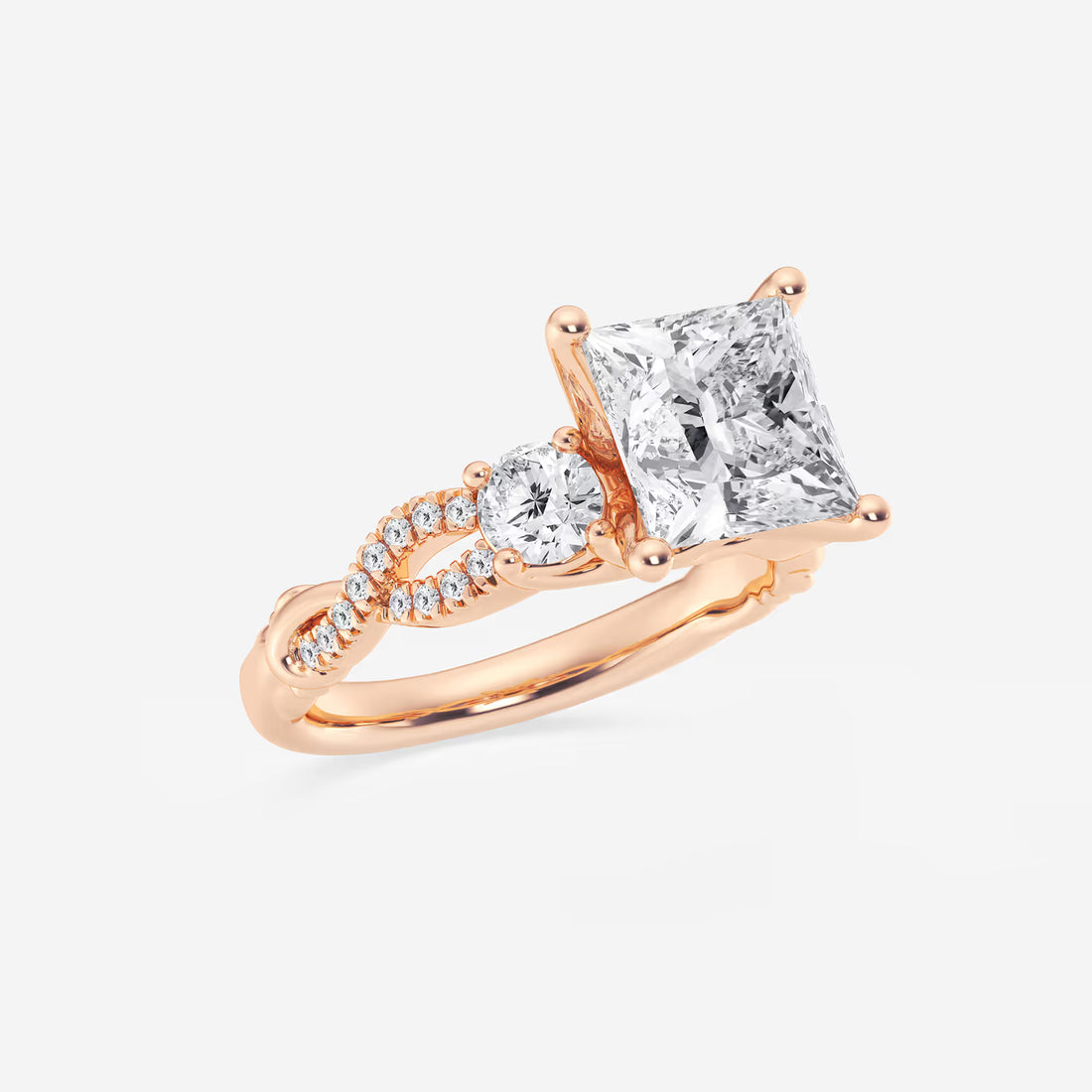 Princess Cut Lab Diamond Three Stone Ring | Round Brilliant Side Stones & Twisted Pavé Band