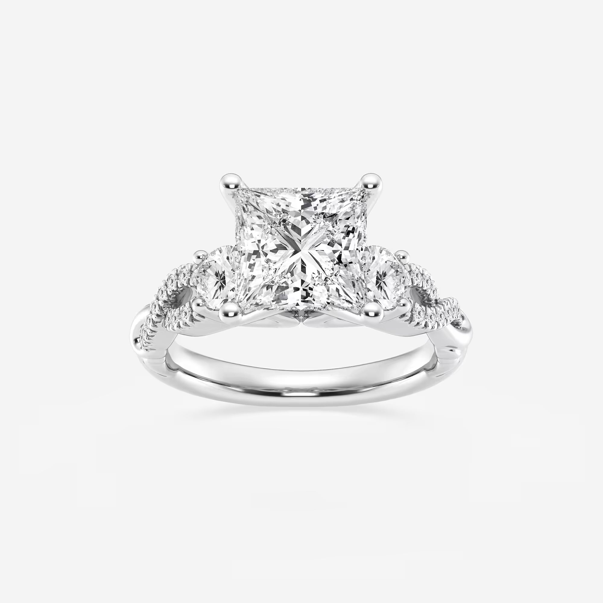Princess Cut Lab Diamond Three Stone Ring | Round Brilliant Side Stones & Twisted Pavé Band