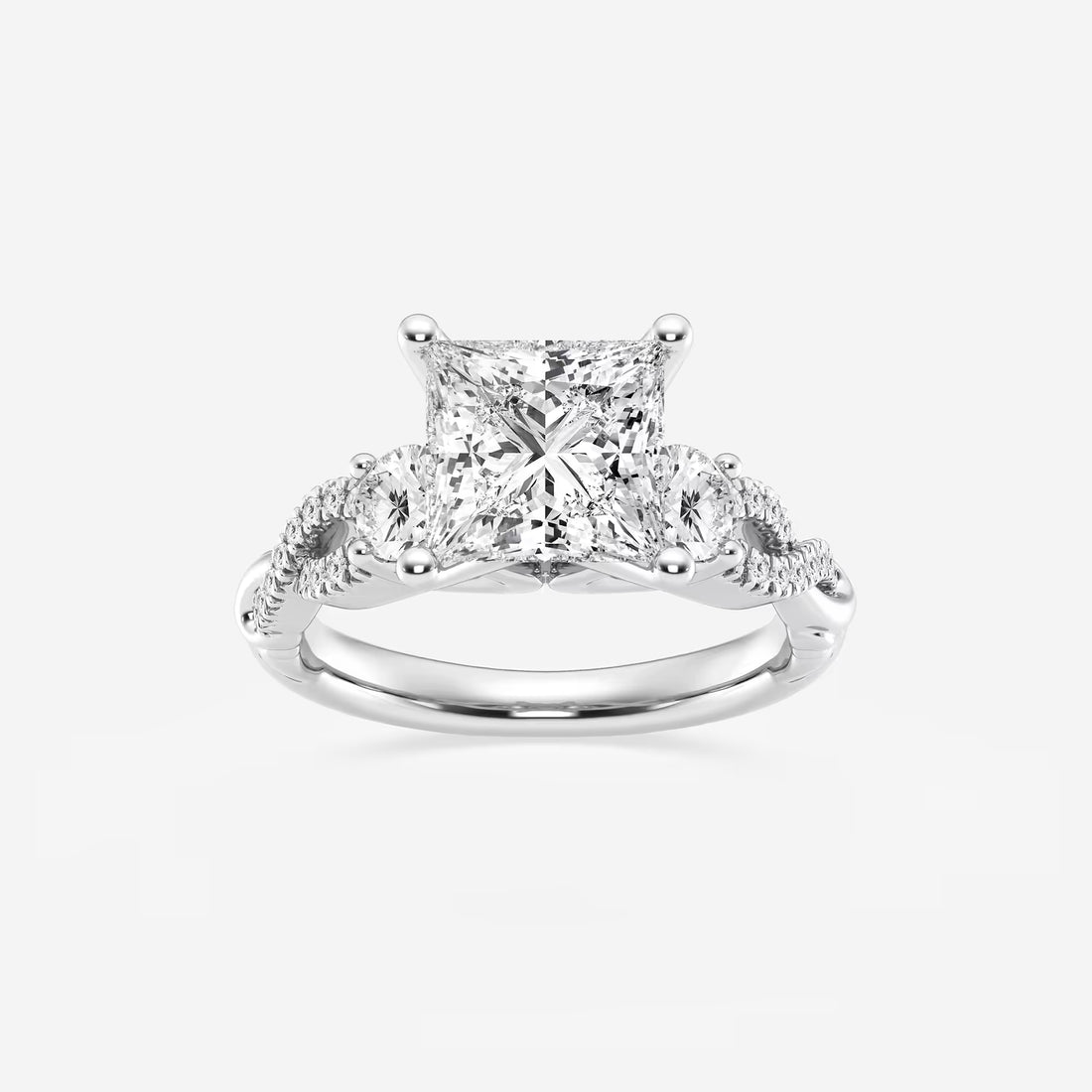 Princess Cut Lab Diamond Three Stone Ring | Round Brilliant Side Stones & Twisted Pavé Band