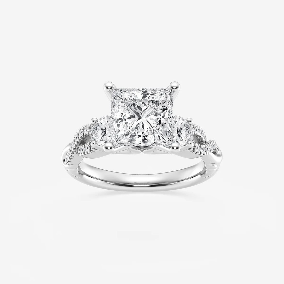 Princess Cut Lab Diamond Three Stone Ring | Round Brilliant Side Stones & Twisted Pavé Band