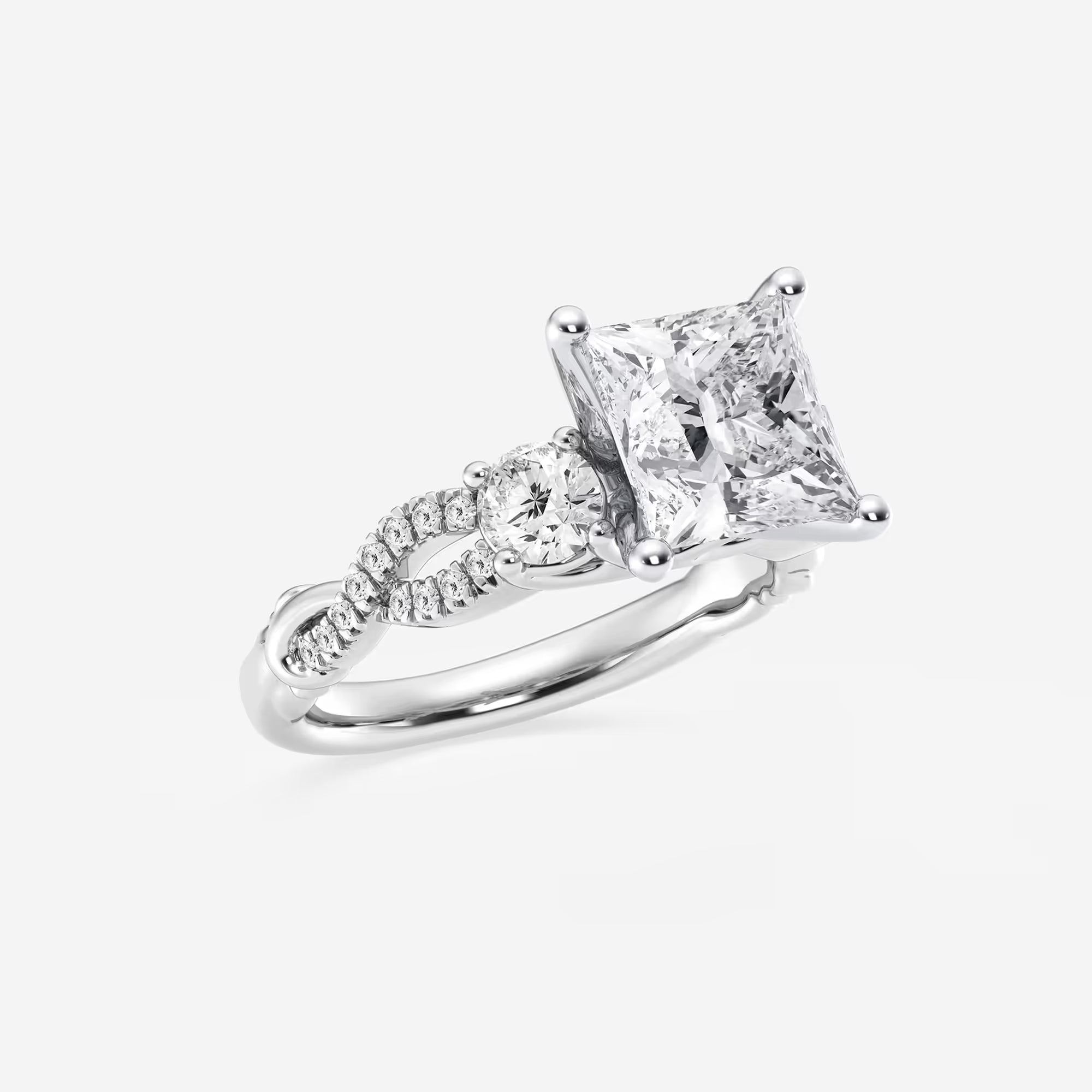 Princess Cut Lab Diamond Three Stone Ring | Round Brilliant Side Stones & Twisted Pavé Band
