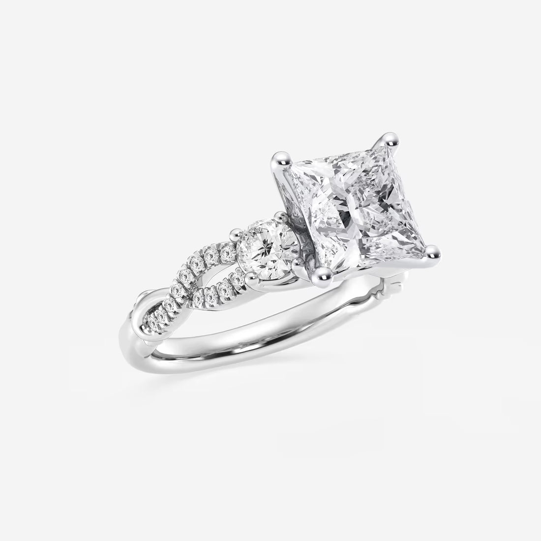 Princess Cut Lab Diamond Three Stone Ring | Round Brilliant Side Stones & Twisted Pavé Band