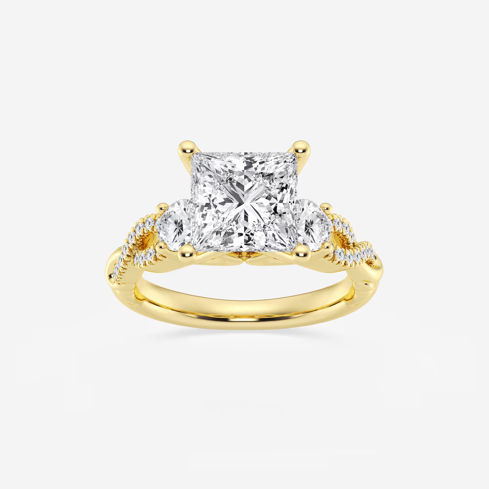 Princess Cut Lab Diamond Three Stone Ring | Round Brilliant Side Stones & Twisted Pavé Band