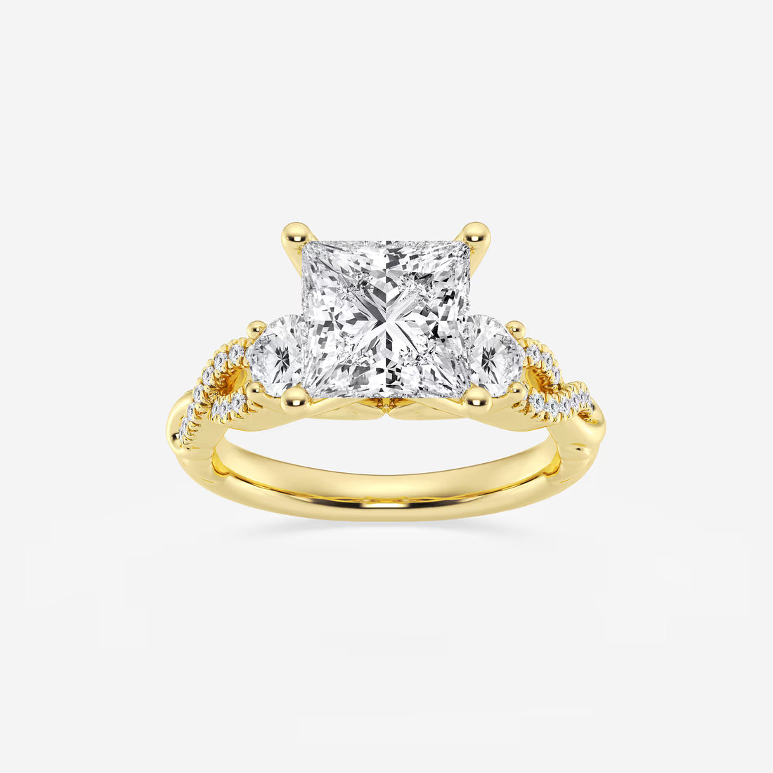 Princess Cut Lab Diamond Three Stone Ring | Round Brilliant Side Stones & Twisted Pavé Band