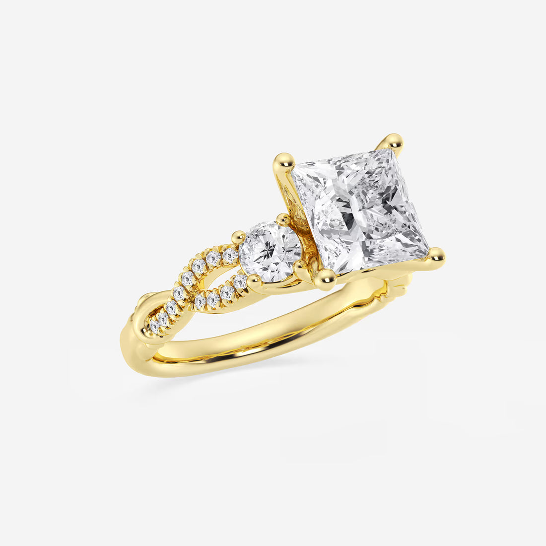 Princess Cut Lab Diamond Three Stone Ring | Round Brilliant Side Stones & Twisted Pavé Band
