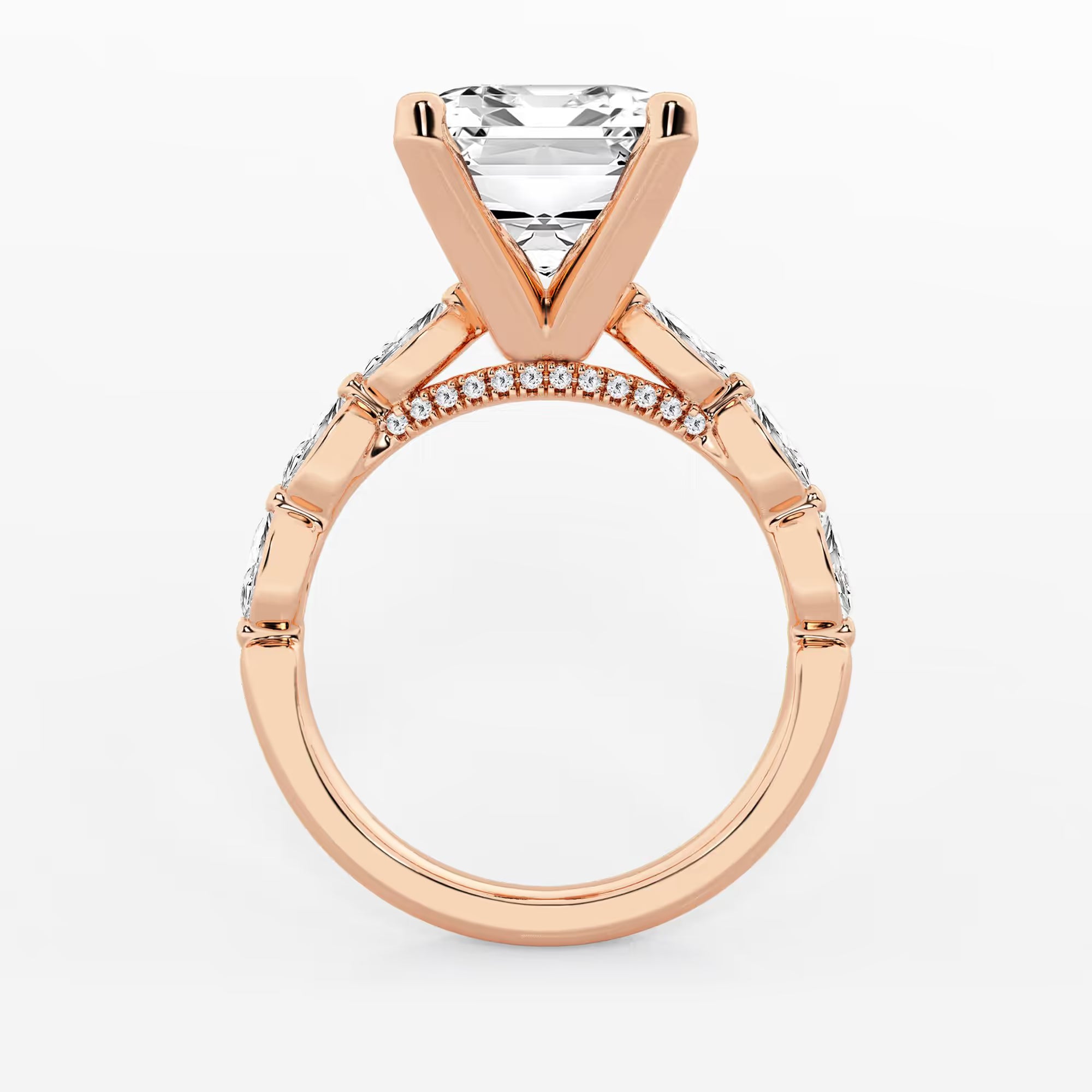 Emerald Cut Lab Diamond Engagement Ring  Floating Round Diamond Band