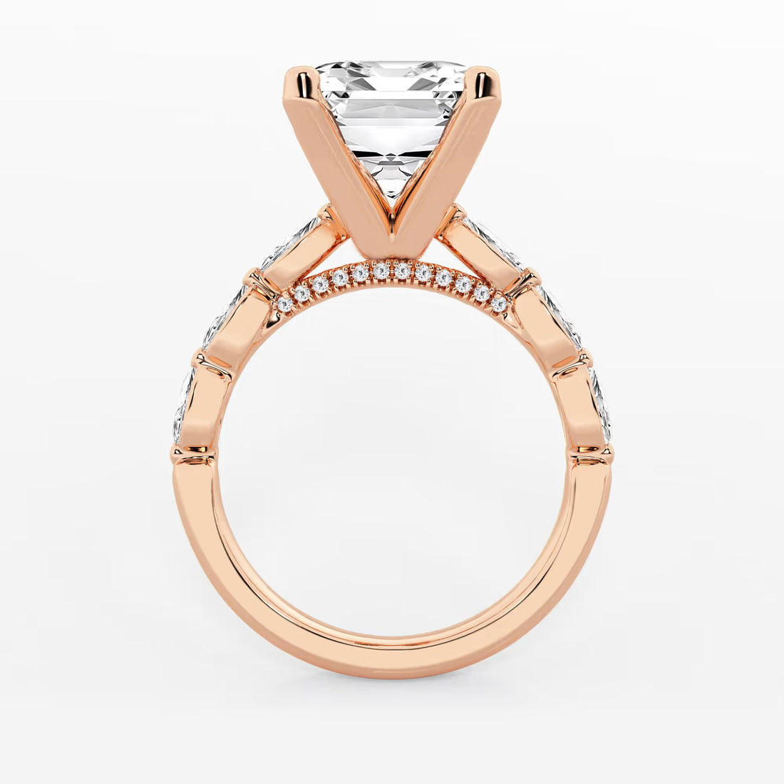 Emerald Cut Lab Diamond Engagement Ring  Floating Round Diamond Band