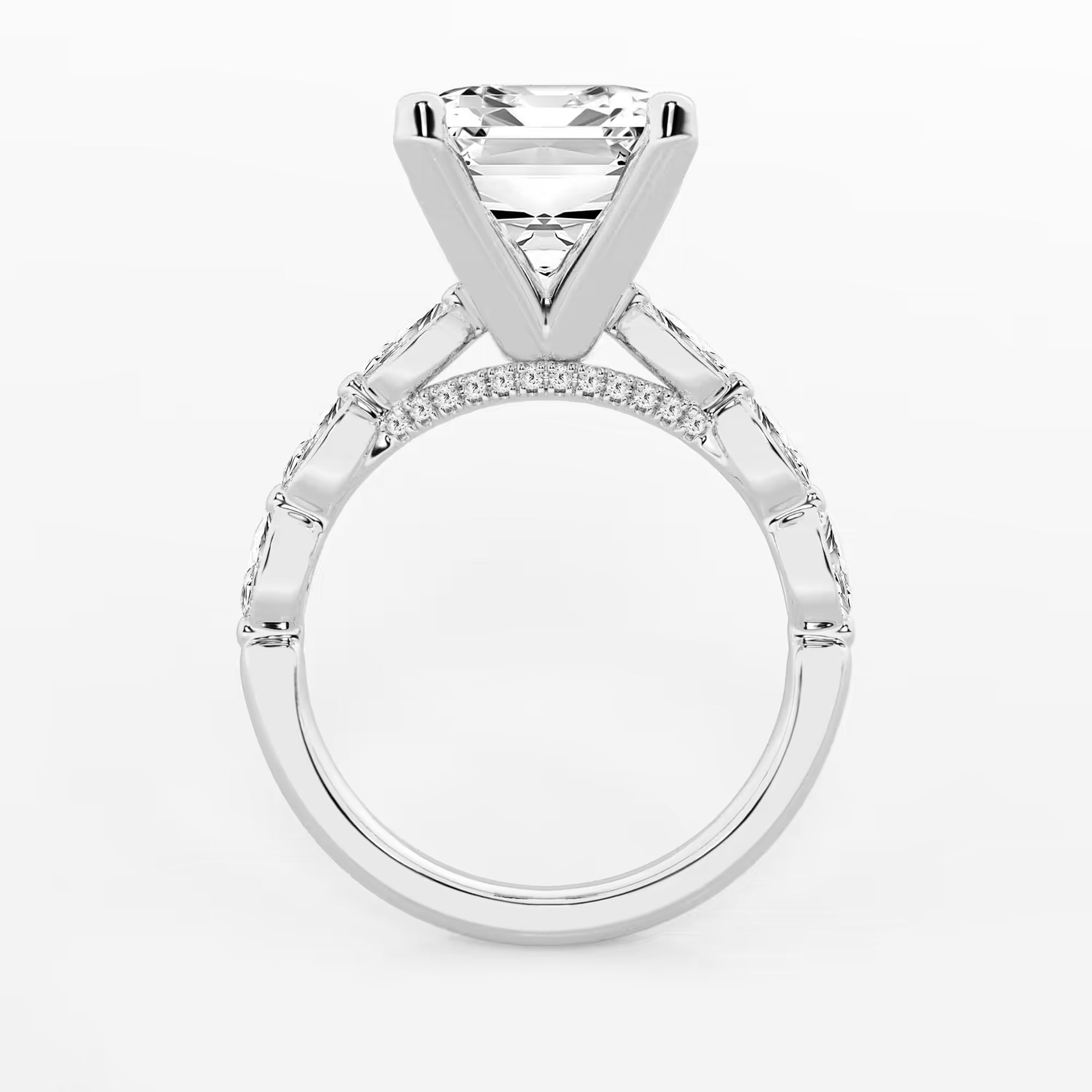 Emerald Cut Lab Diamond Engagement Ring  Floating Round Diamond Band
