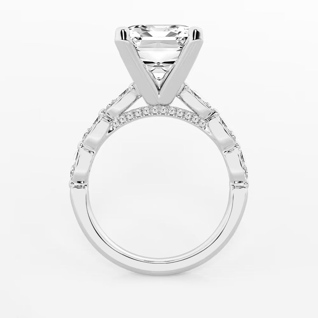 Emerald Cut Lab Diamond Engagement Ring  Floating Round Diamond Band