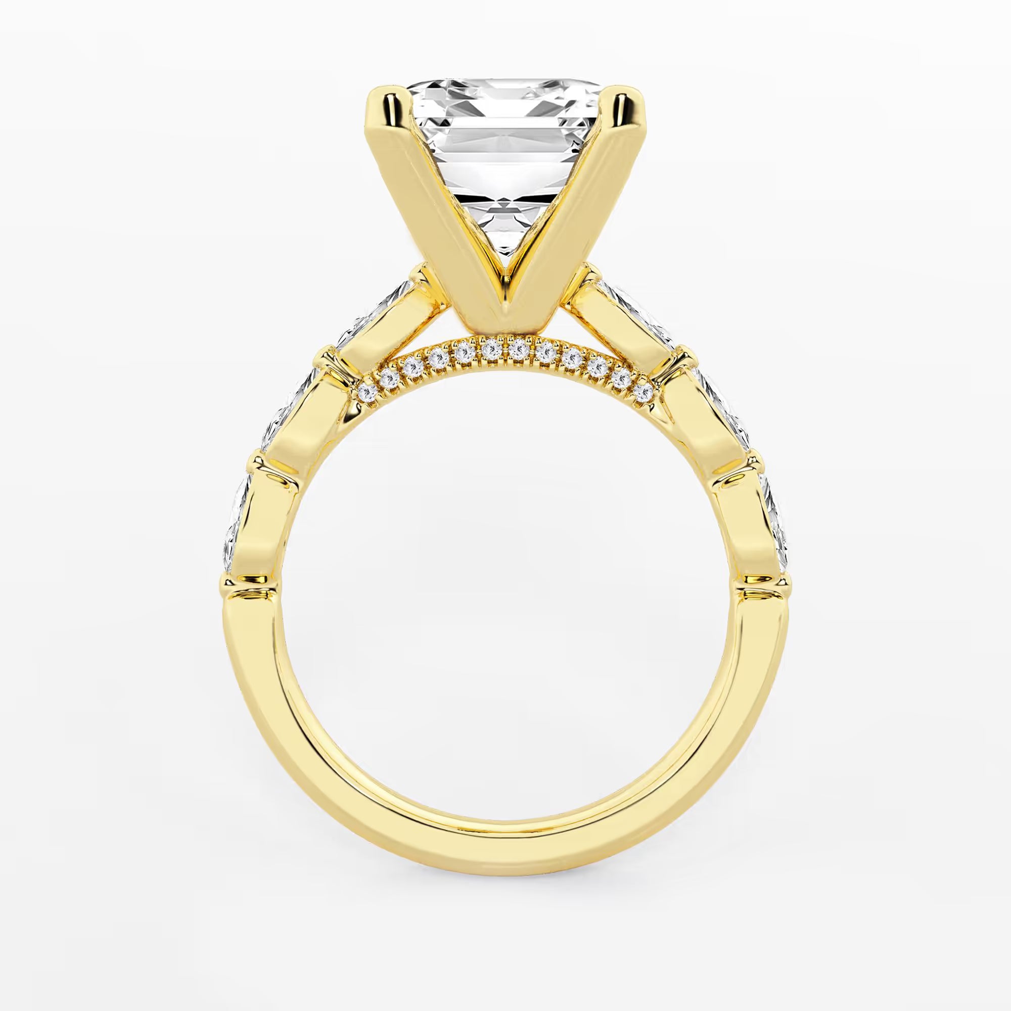 Emerald Cut Lab Diamond Engagement Ring  Floating Round Diamond Band