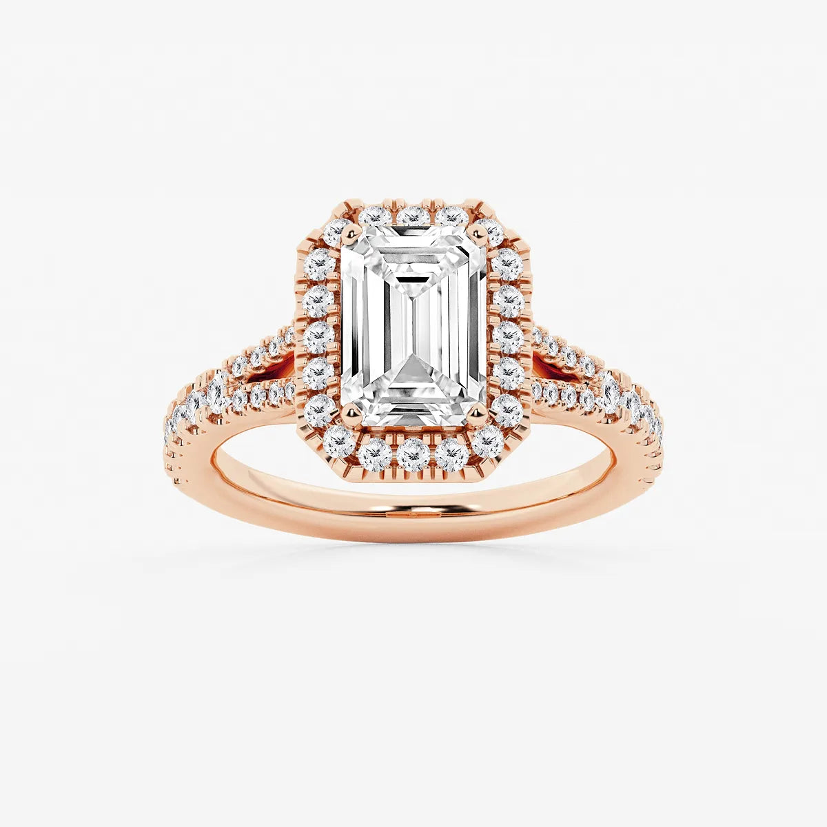 Emerald Cut Lab Diamond Halo Engagement Ring  Split Shank Pavé Band