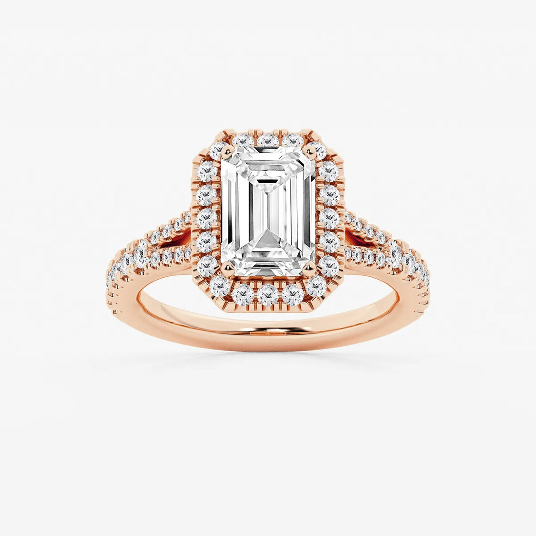 Emerald Cut Lab Diamond Halo Engagement Ring  Split Shank Pavé Band