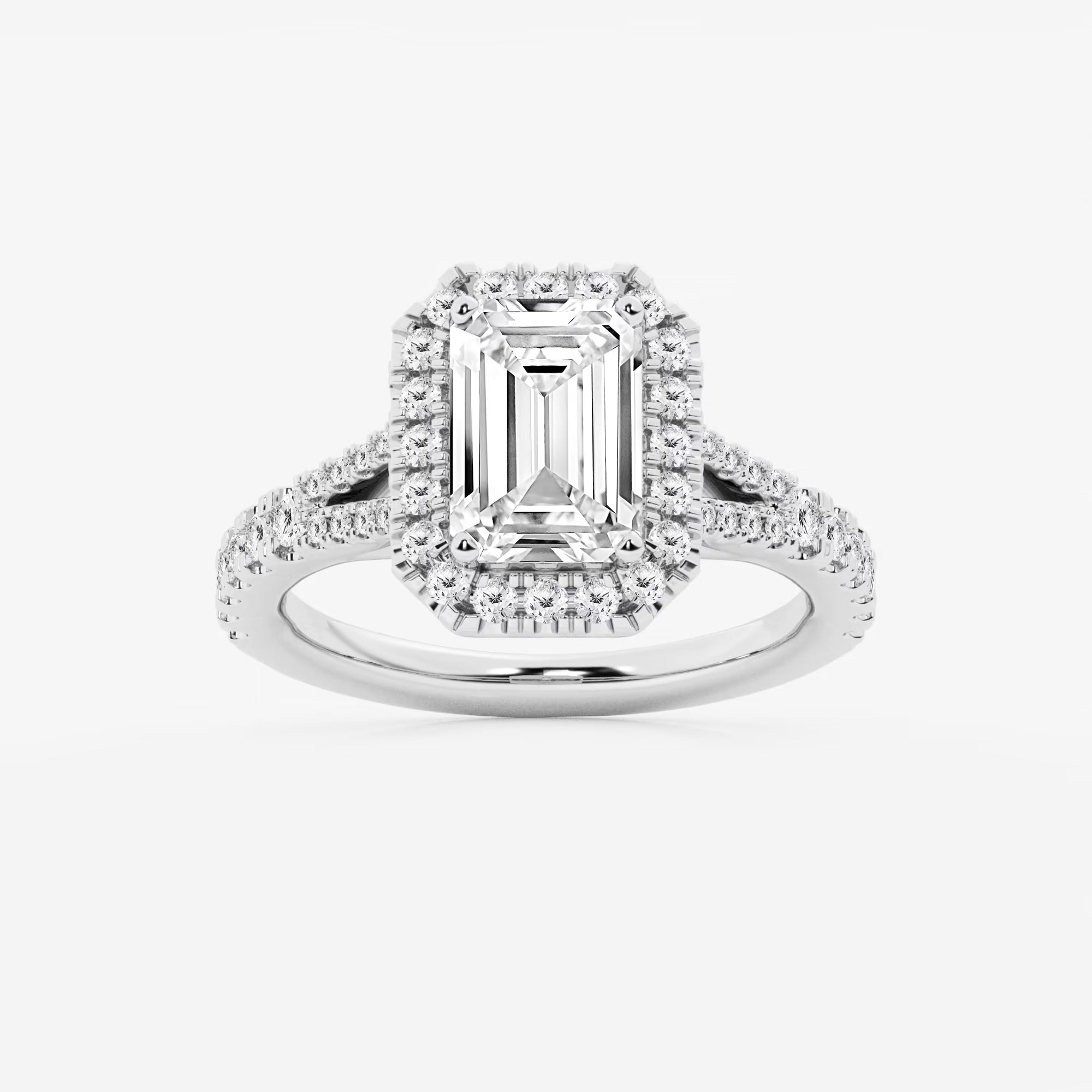 Emerald Cut Lab Diamond Halo Engagement Ring  Split Shank Pavé Band