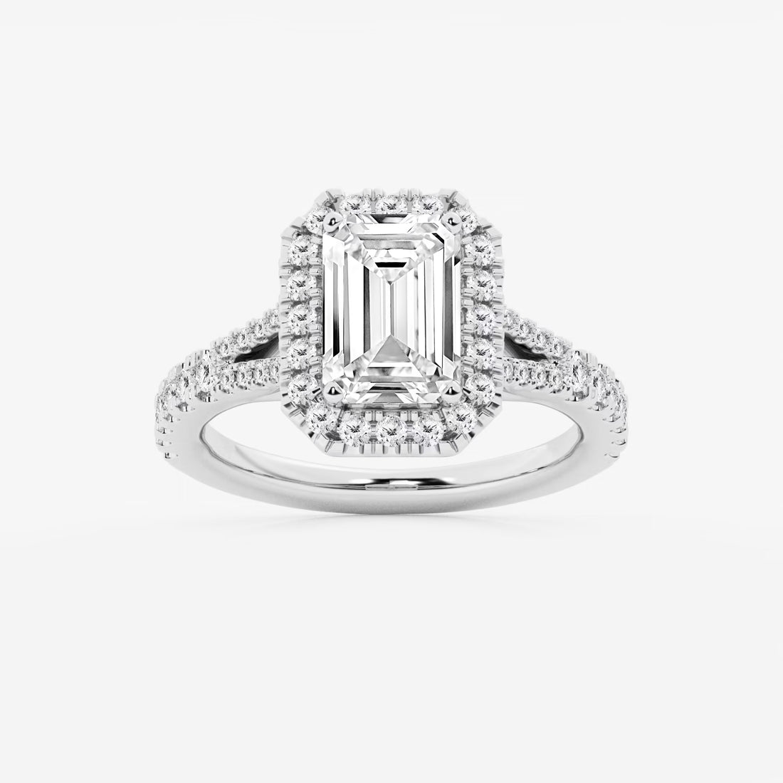 Emerald Cut Lab Diamond Halo Engagement Ring  Split Shank Pavé Band