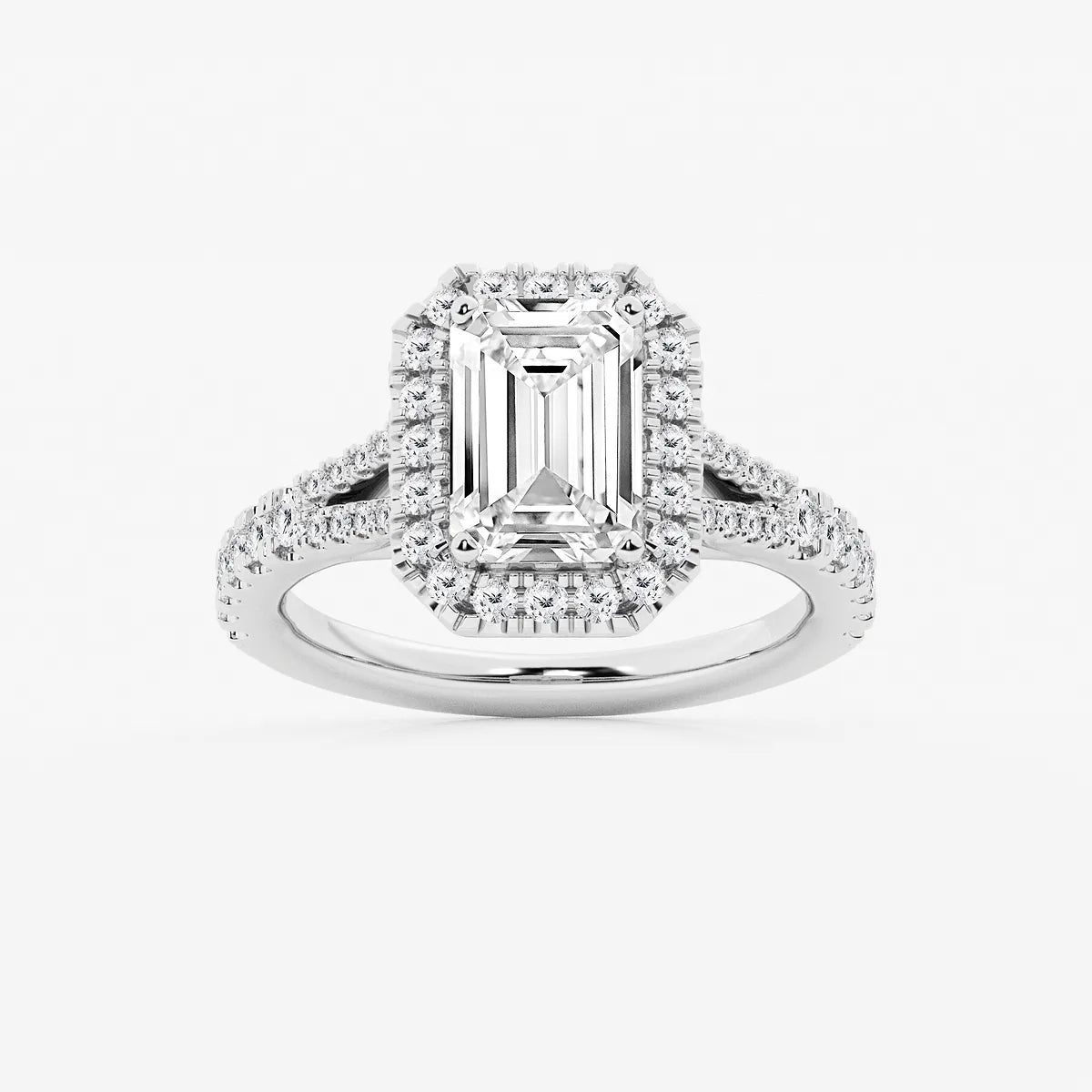 Emerald Cut Lab Diamond Halo Engagement Ring  Split Shank Pavé Band