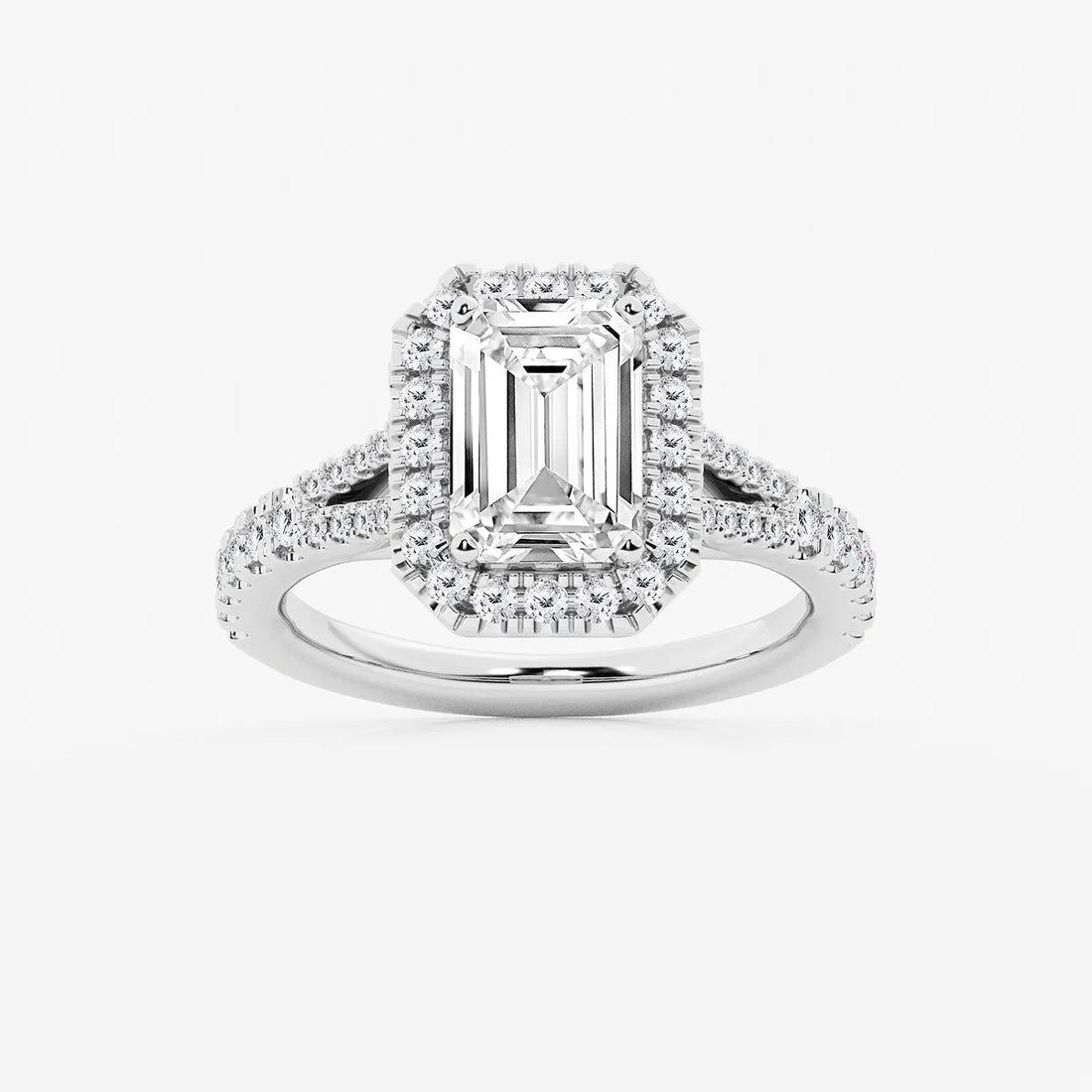 Emerald Cut Lab Diamond Halo Engagement Ring  Split Shank Pavé Band
