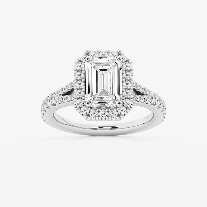 Emerald Cut Lab Diamond Halo Engagement Ring  Split Shank Pavé Band