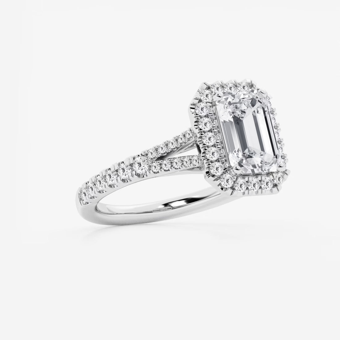 Emerald Cut Lab Diamond Halo Engagement Ring  Split Shank Pavé Band