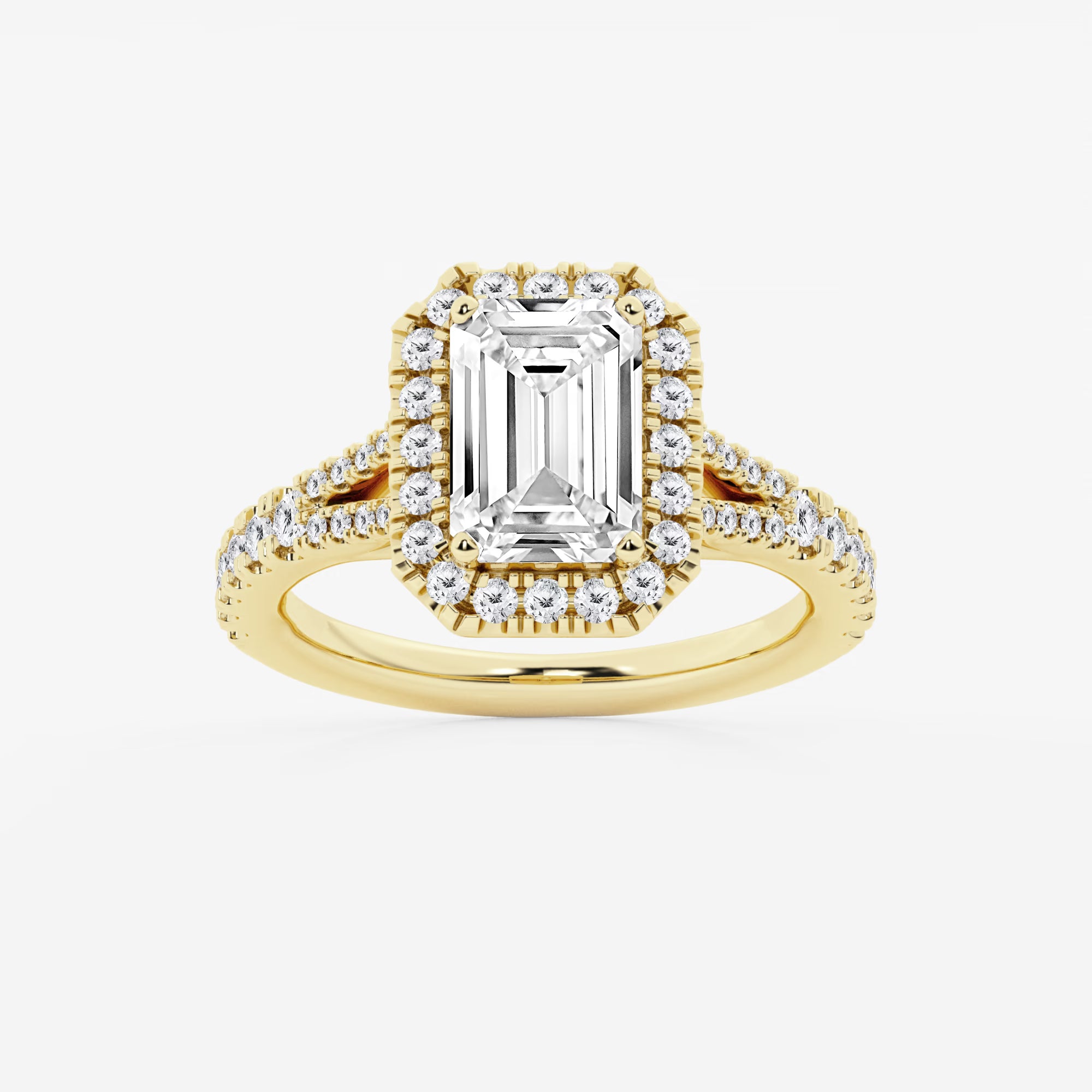 Emerald Cut Lab Diamond Halo Engagement Ring  Split Shank Pavé Band