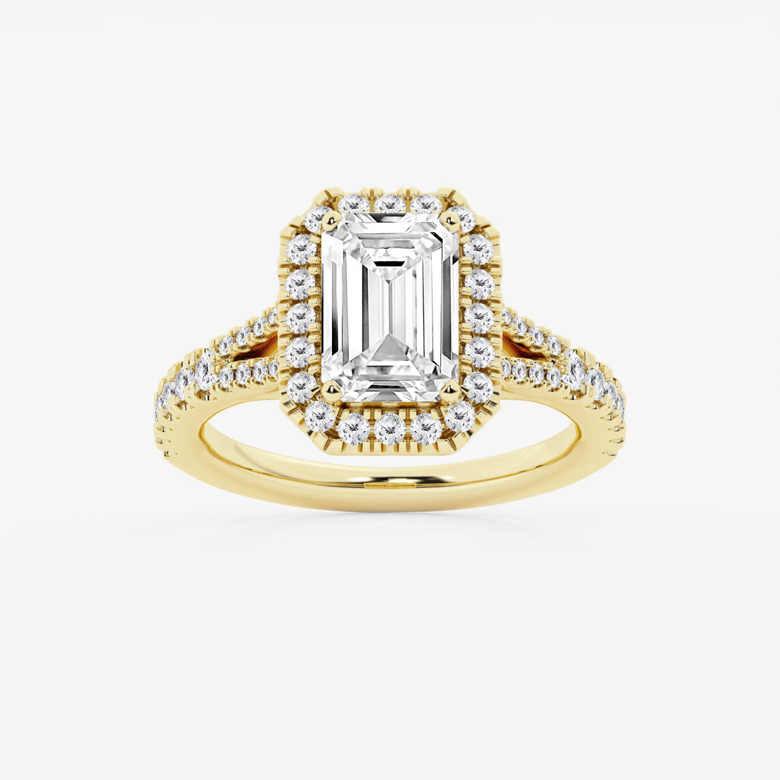 Emerald Cut Lab Diamond Halo Engagement Ring  Split Shank Pavé Band