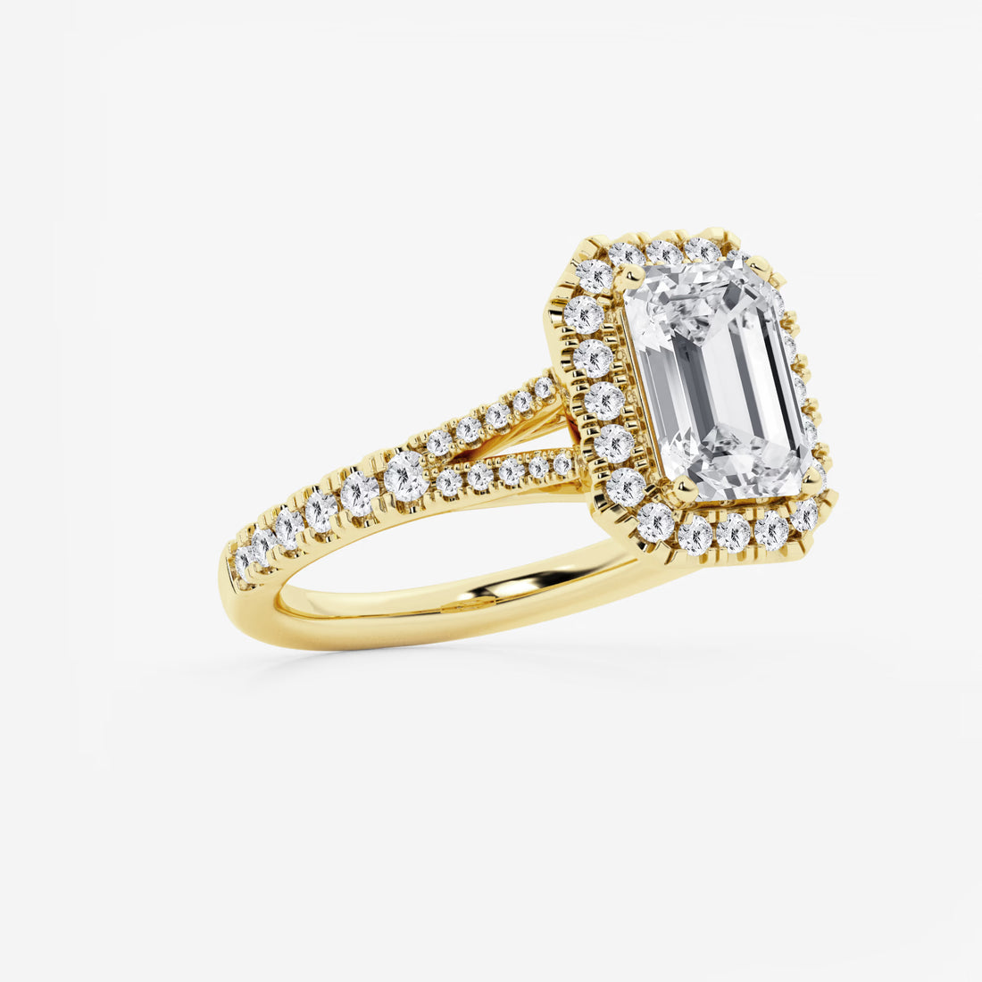 Emerald Cut Lab Diamond Halo Engagement Ring  Split Shank Pavé Band