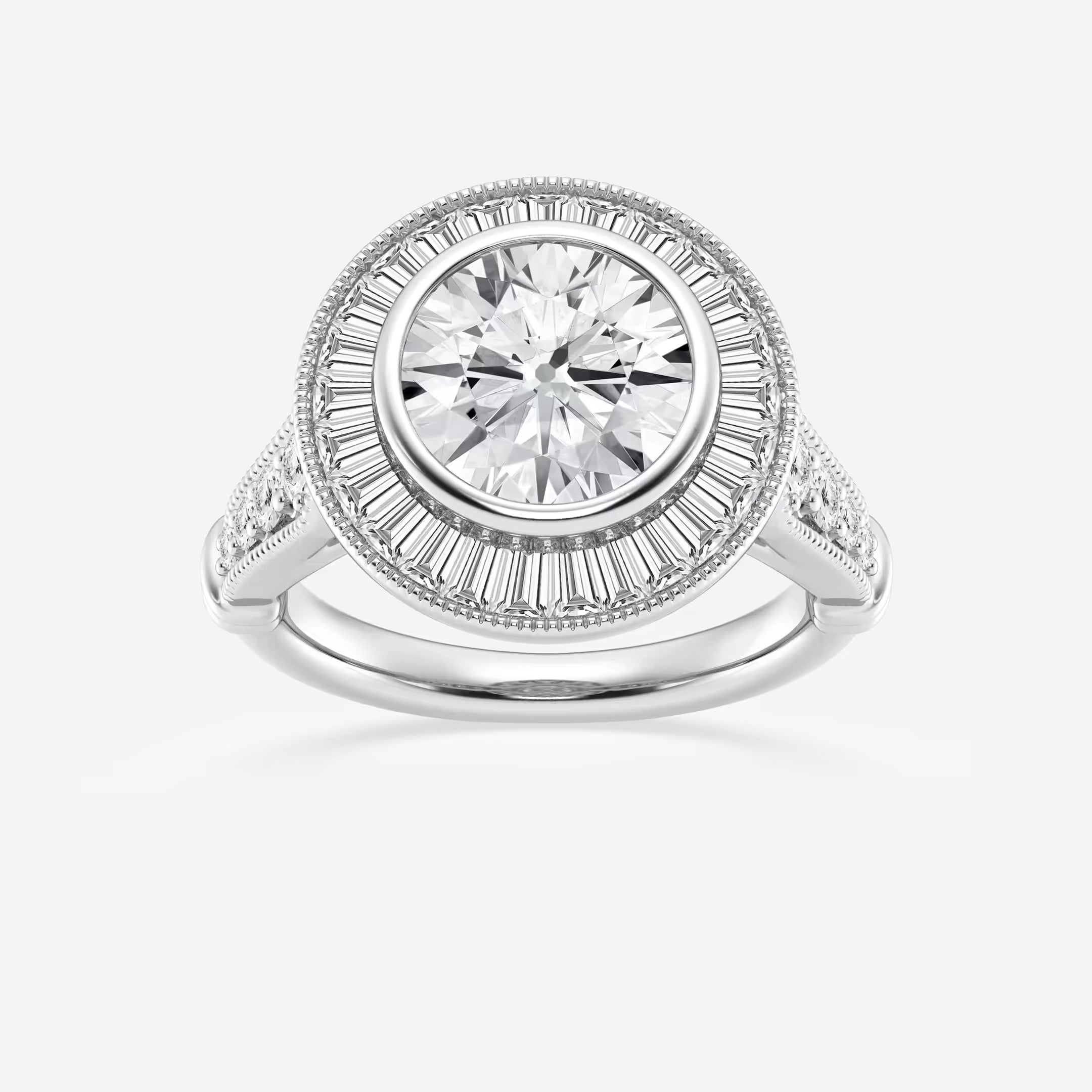 Round Cut Lab Grown Diamond Engagement Ring, Art Deco Bezel Set Baguette Halo Ring