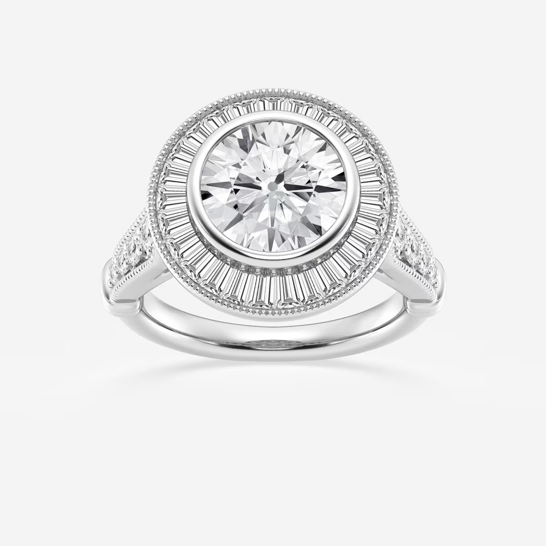 Round Cut Lab Grown Diamond Engagement Ring, Art Deco Bezel Set Baguette Halo Ring