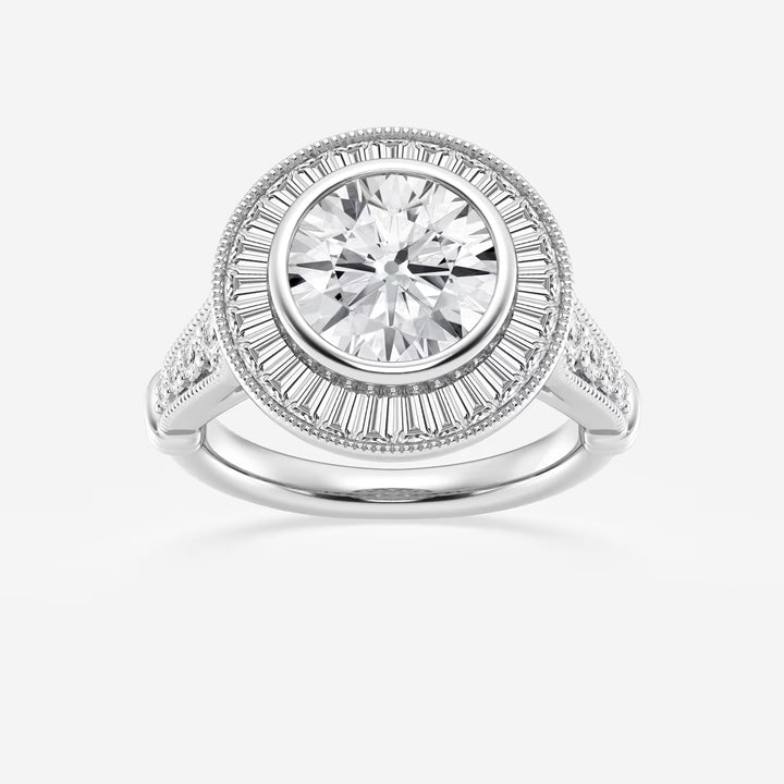 Round Cut Lab Grown Diamond Engagement Ring, Art Deco Bezel Set Baguette Halo Ring