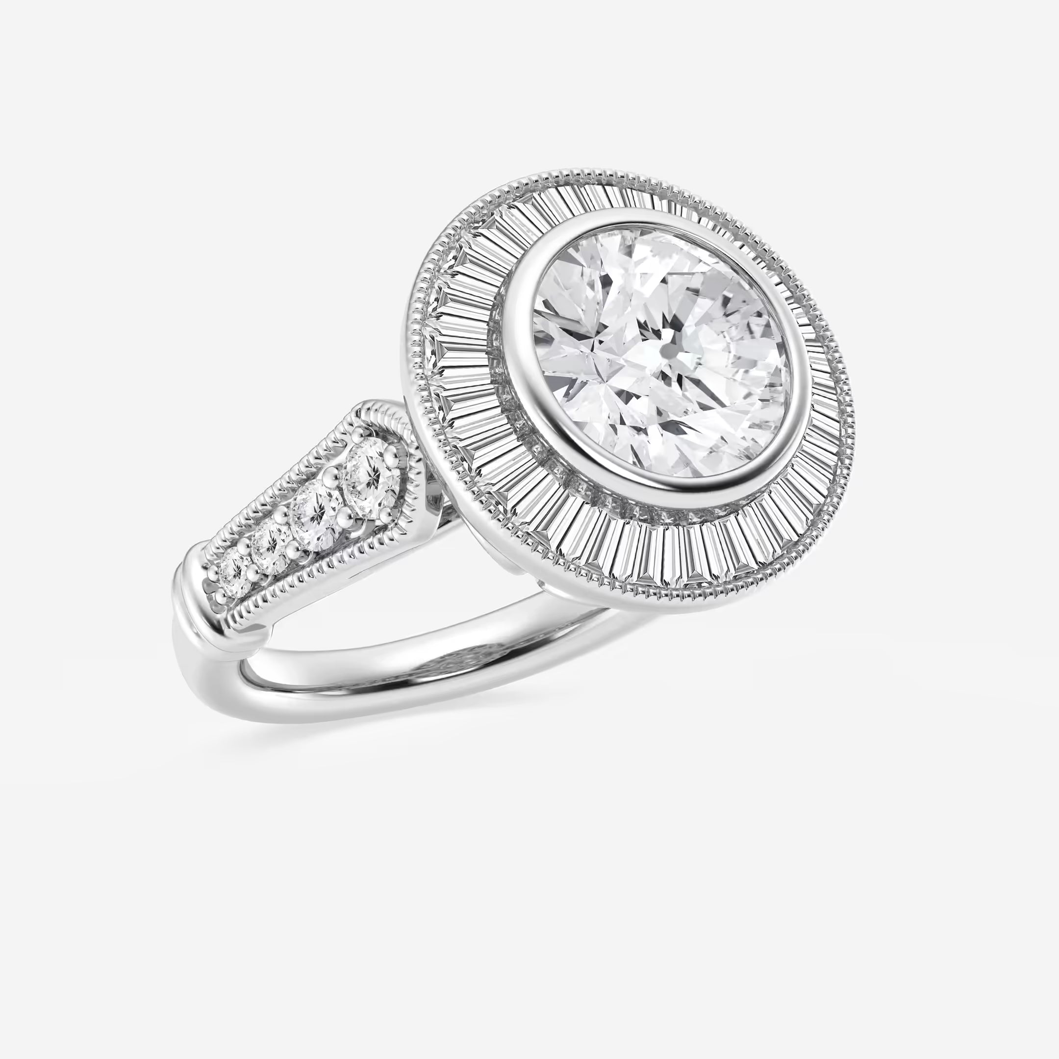 Round Cut Lab Grown Diamond Engagement Ring, Art Deco Bezel Set Baguette Halo Ring