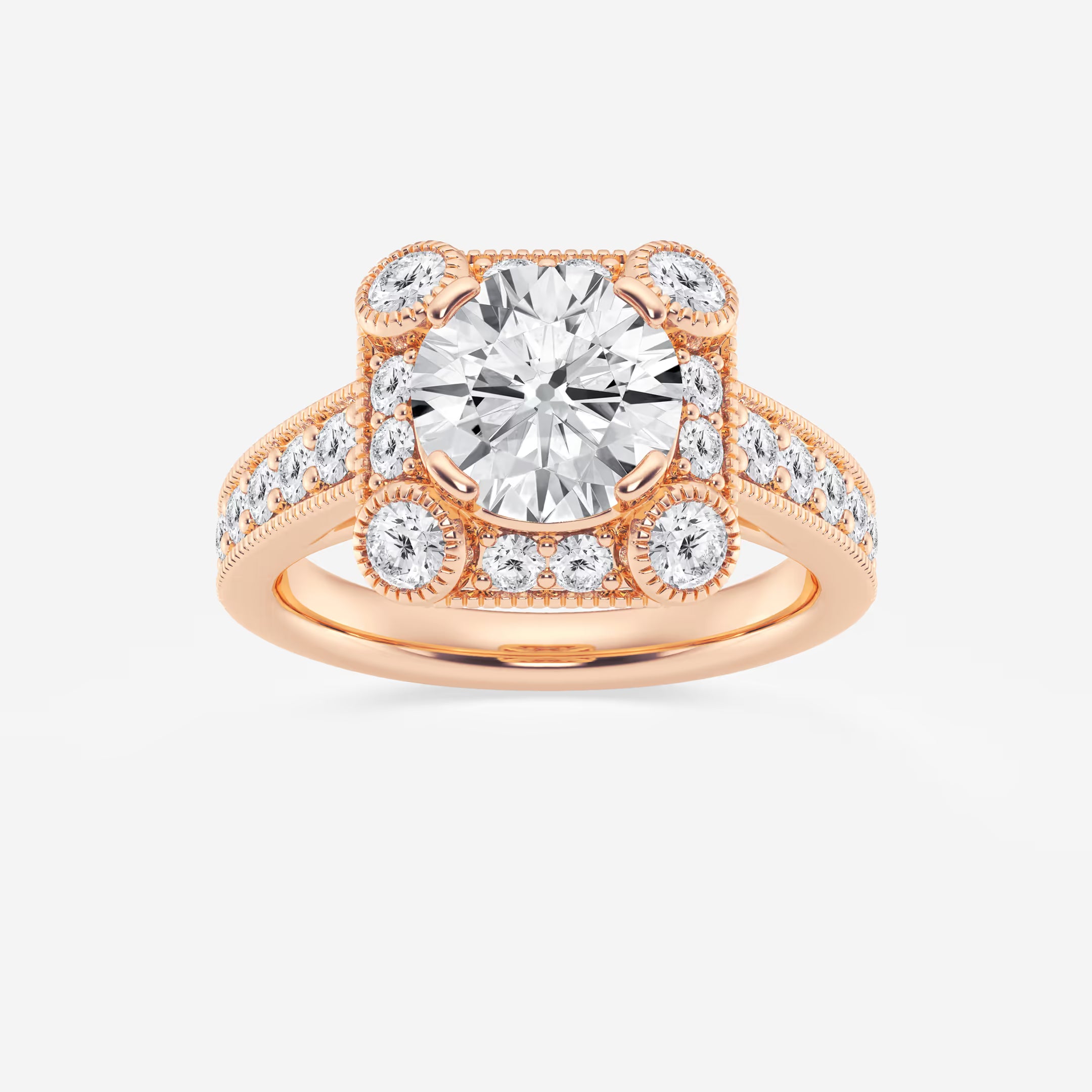 Round Cut Lab Grown Diamond Vintage Cushion Halo Engagement Ring